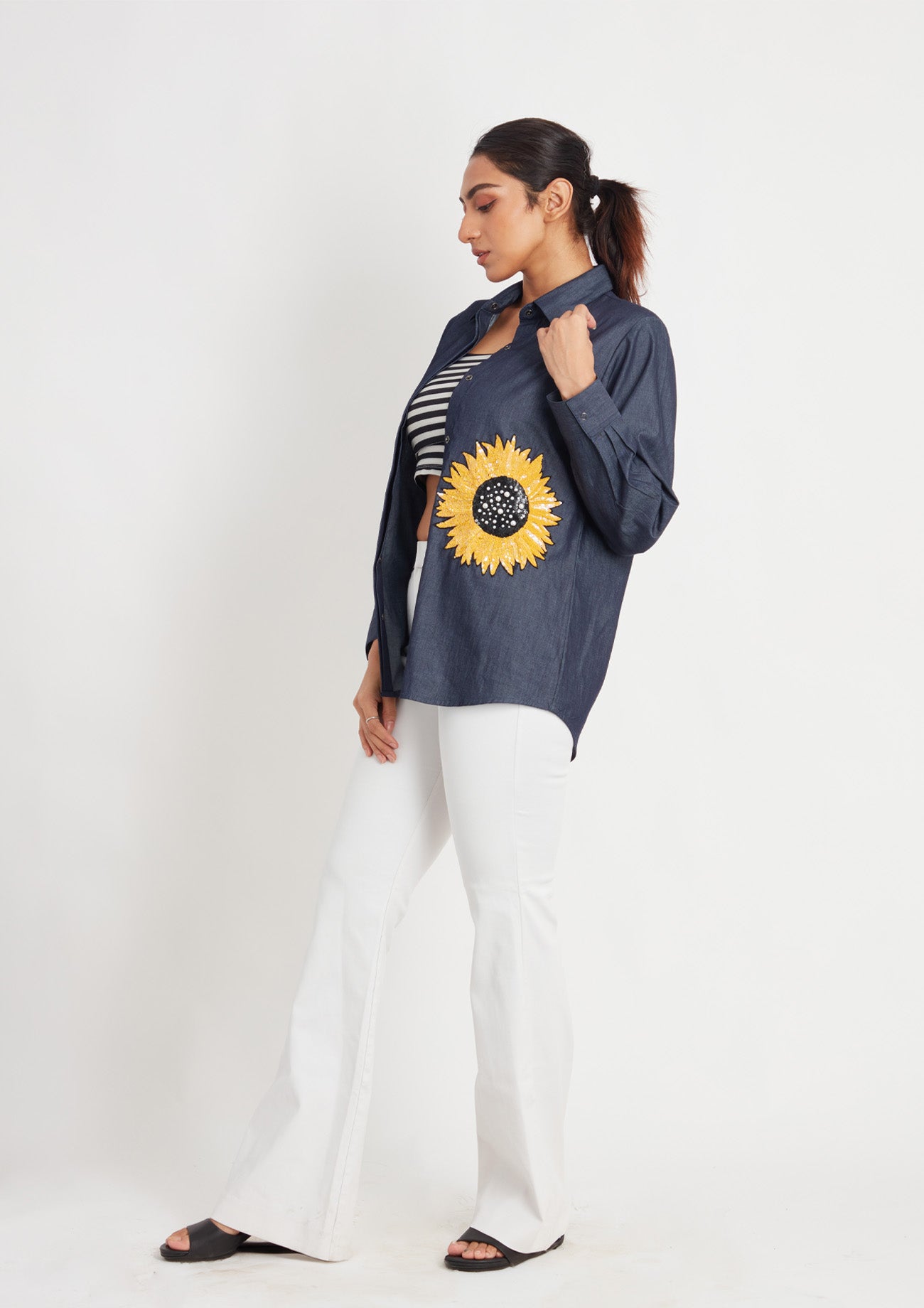 Denim Shirt with Sunflower Sequin