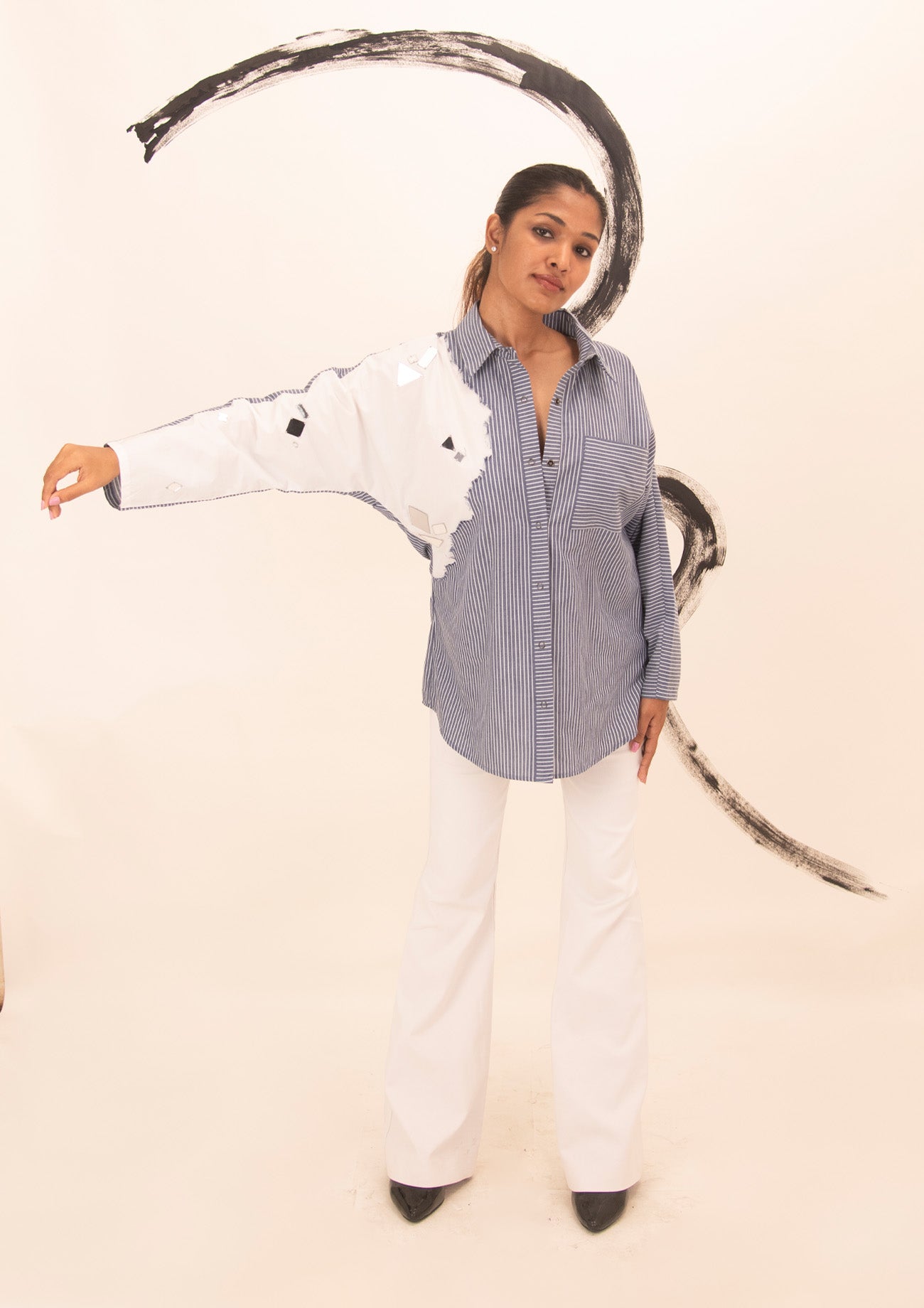Blue and White Striped Cotton Shirt with Mirror Embroidery