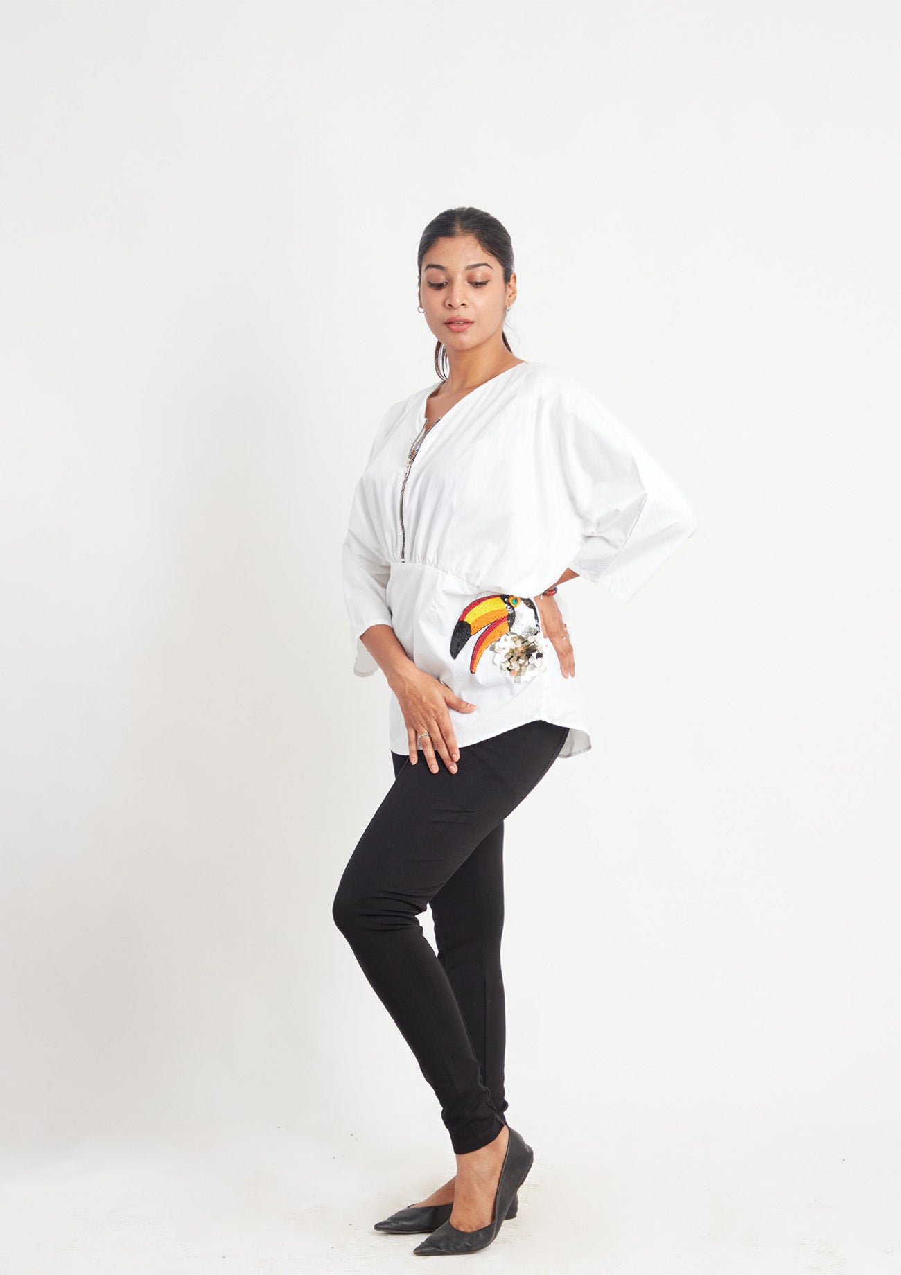 Toucan White Cotton Poncho
