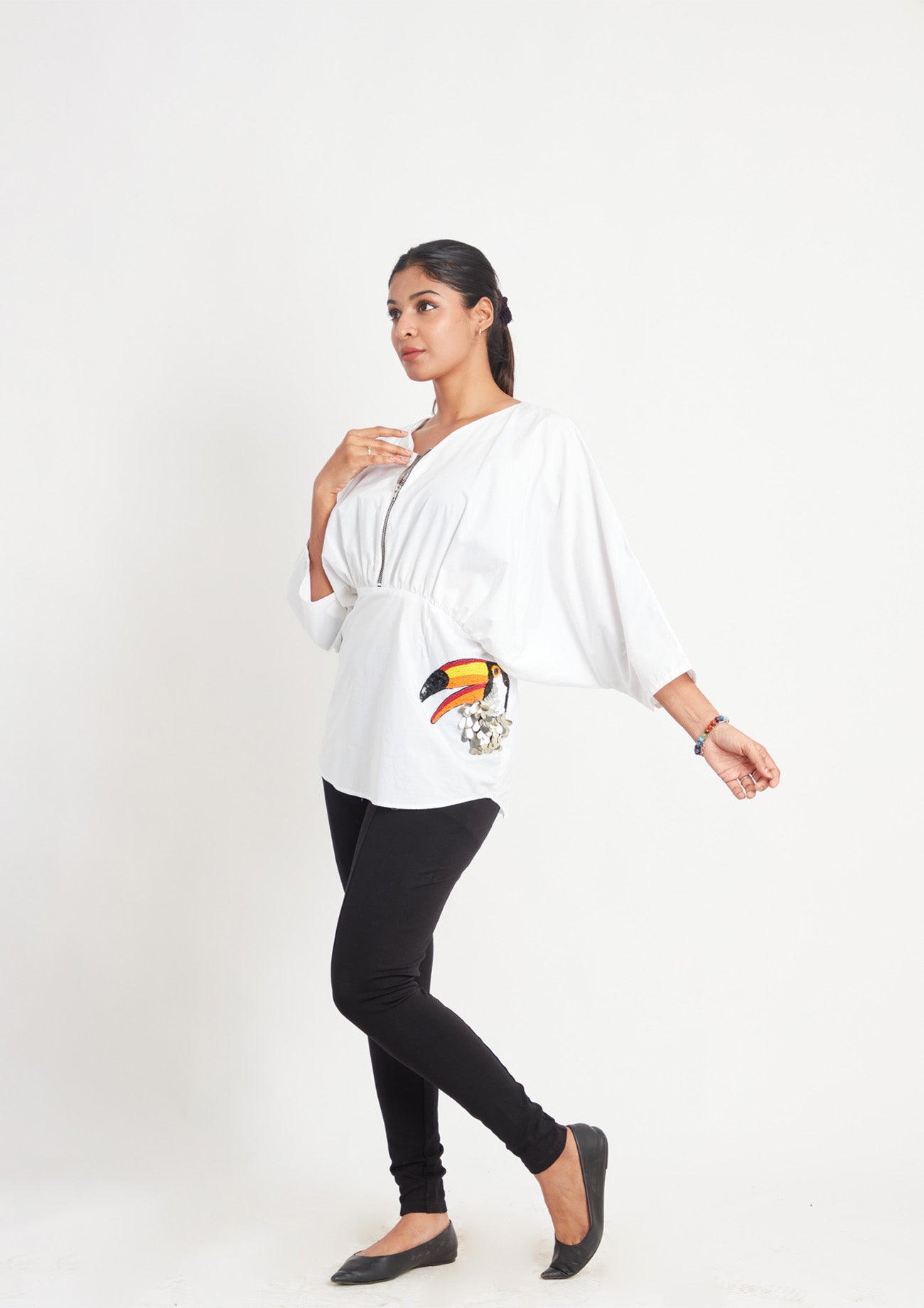 Toucan White Cotton Poncho