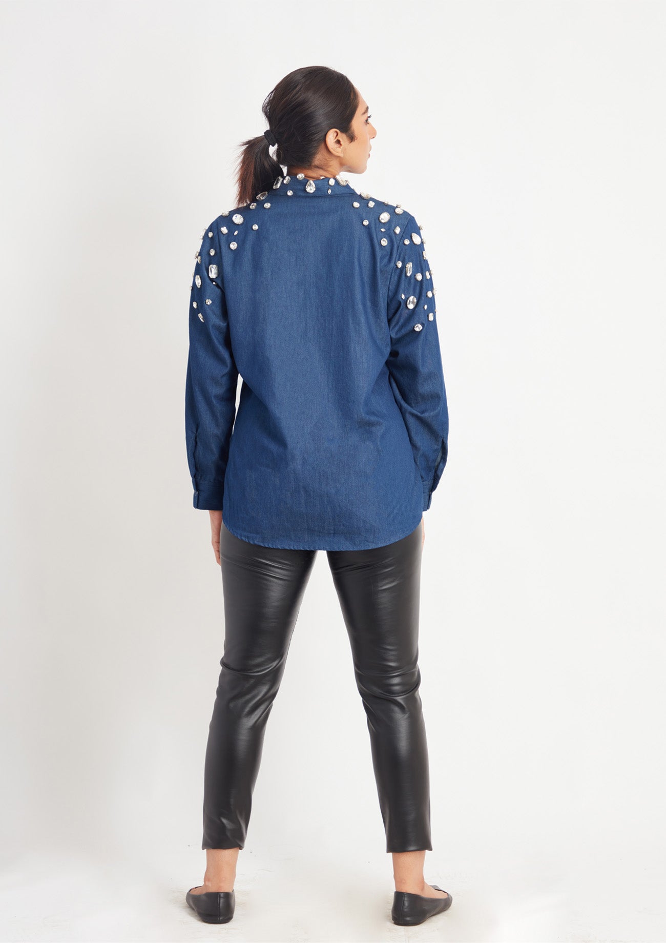 Denim Shirt with White Crystal Embroidery