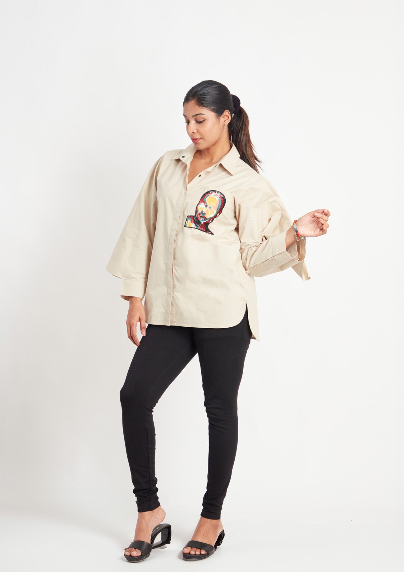 Beige Comfort Fit Cotton Shirt with Pockets and Cape Sleeves