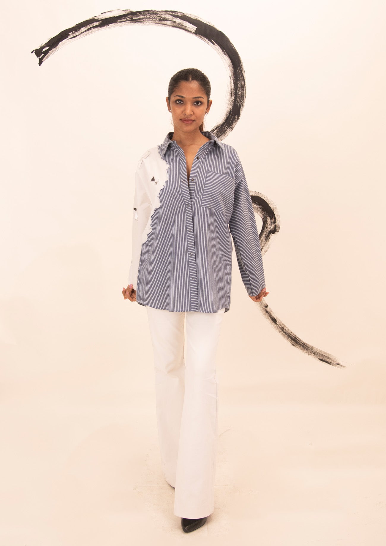 Blue and White Striped Cotton Shirt with Mirror Embroidery