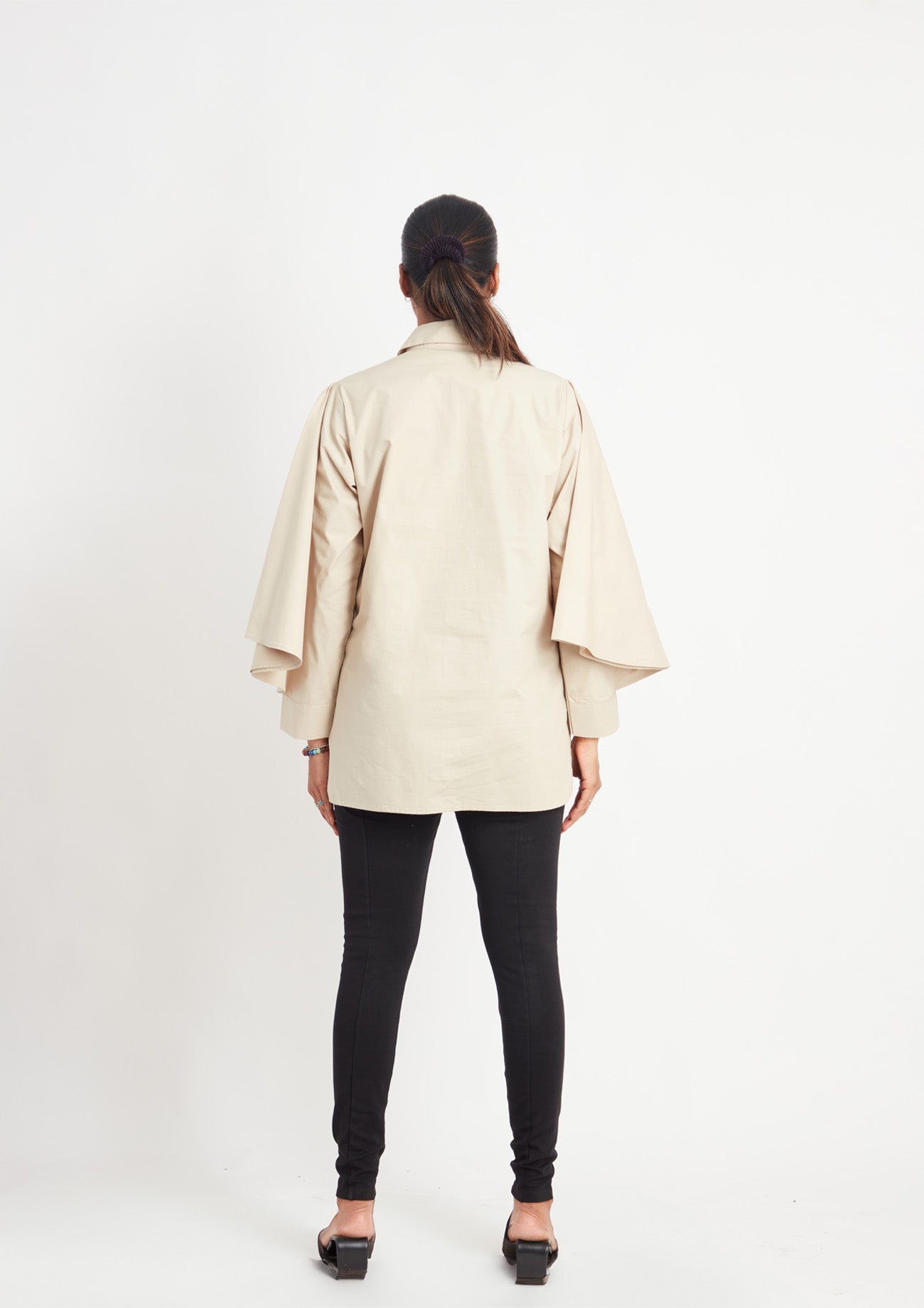 Beige Comfort Fit Cotton Shirt with Pockets and Cape Sleeves