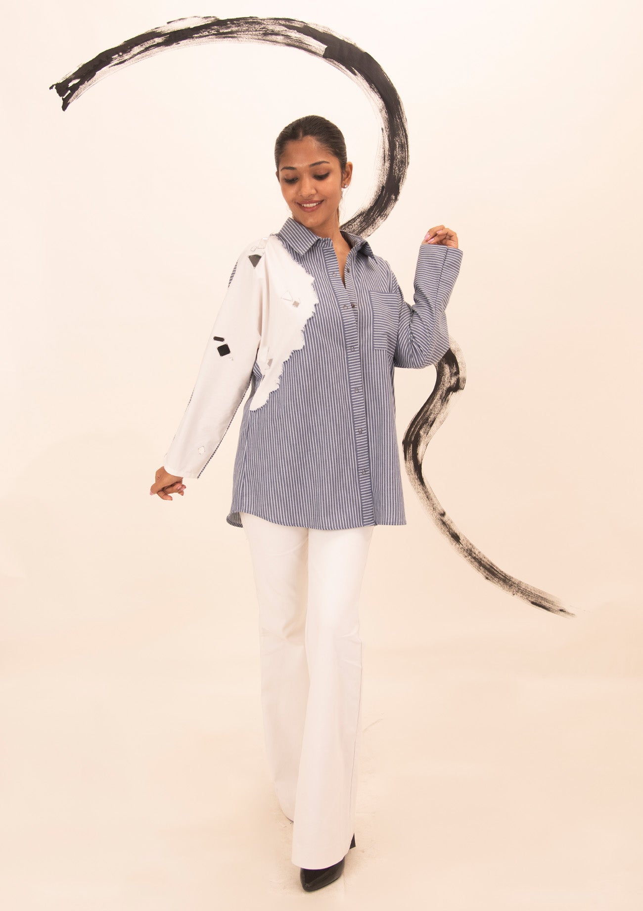 Blue and White Striped Cotton Shirt with Mirror Embroidery