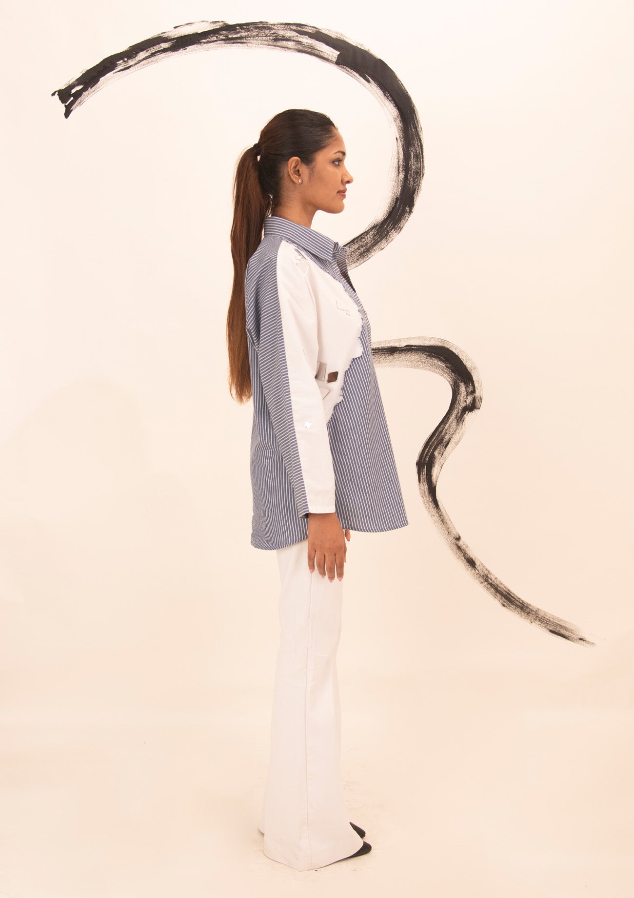 Blue and White Striped Cotton Shirt with Mirror Embroidery