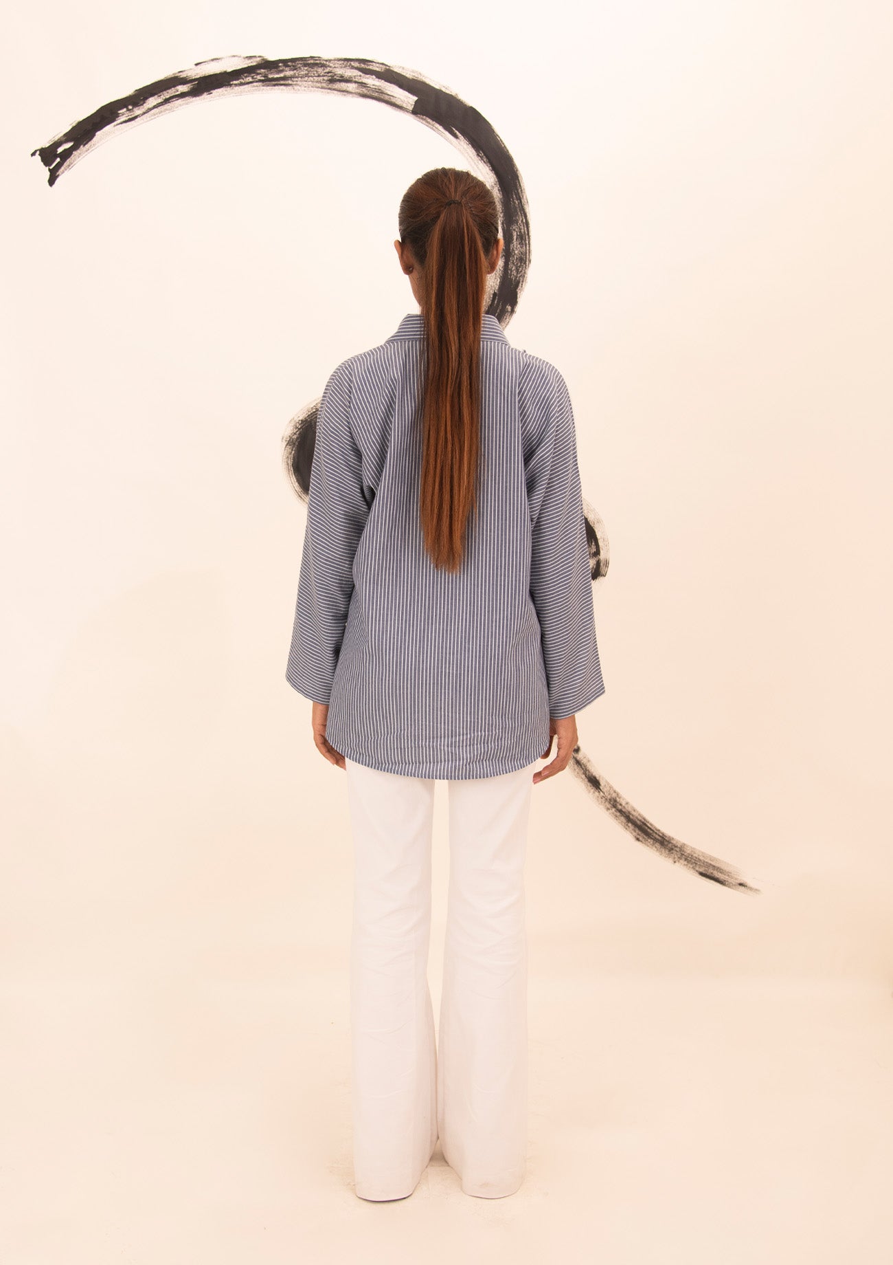 Blue and White Striped Cotton Shirt with Mirror Embroidery