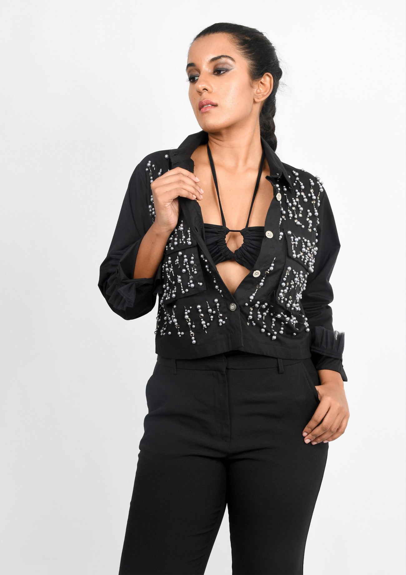 Black Short Jacket with Beaded Embroidery
