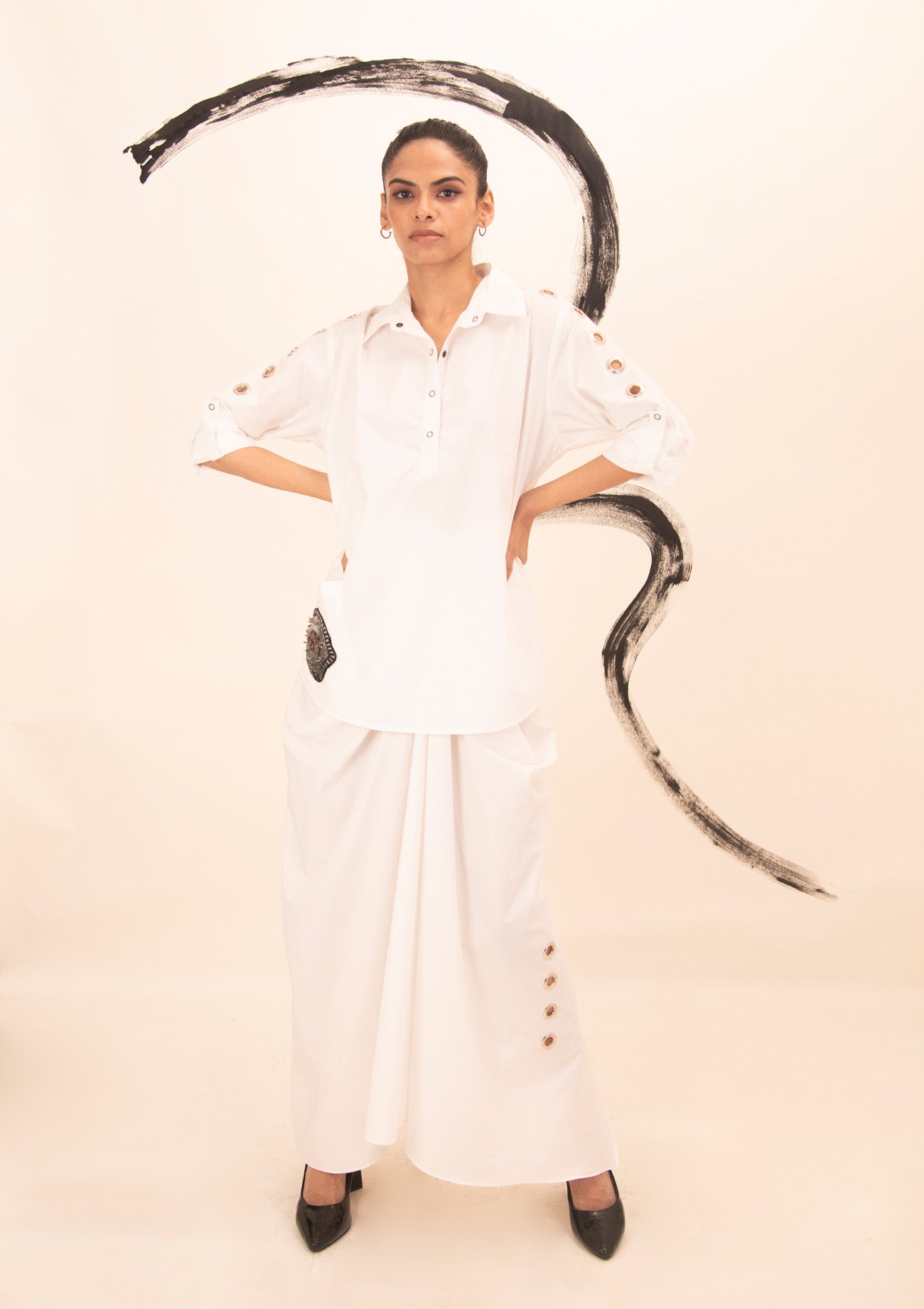 White Cotton Shirt and Drape Skirt Co-ord Set with Embroidery