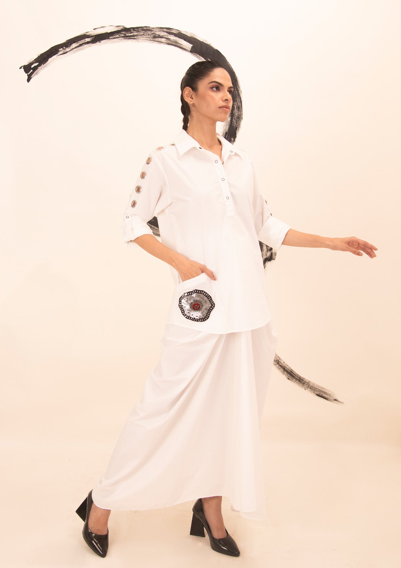 White Cotton Shirt and Drape Skirt Co-ord Set with Embroidery