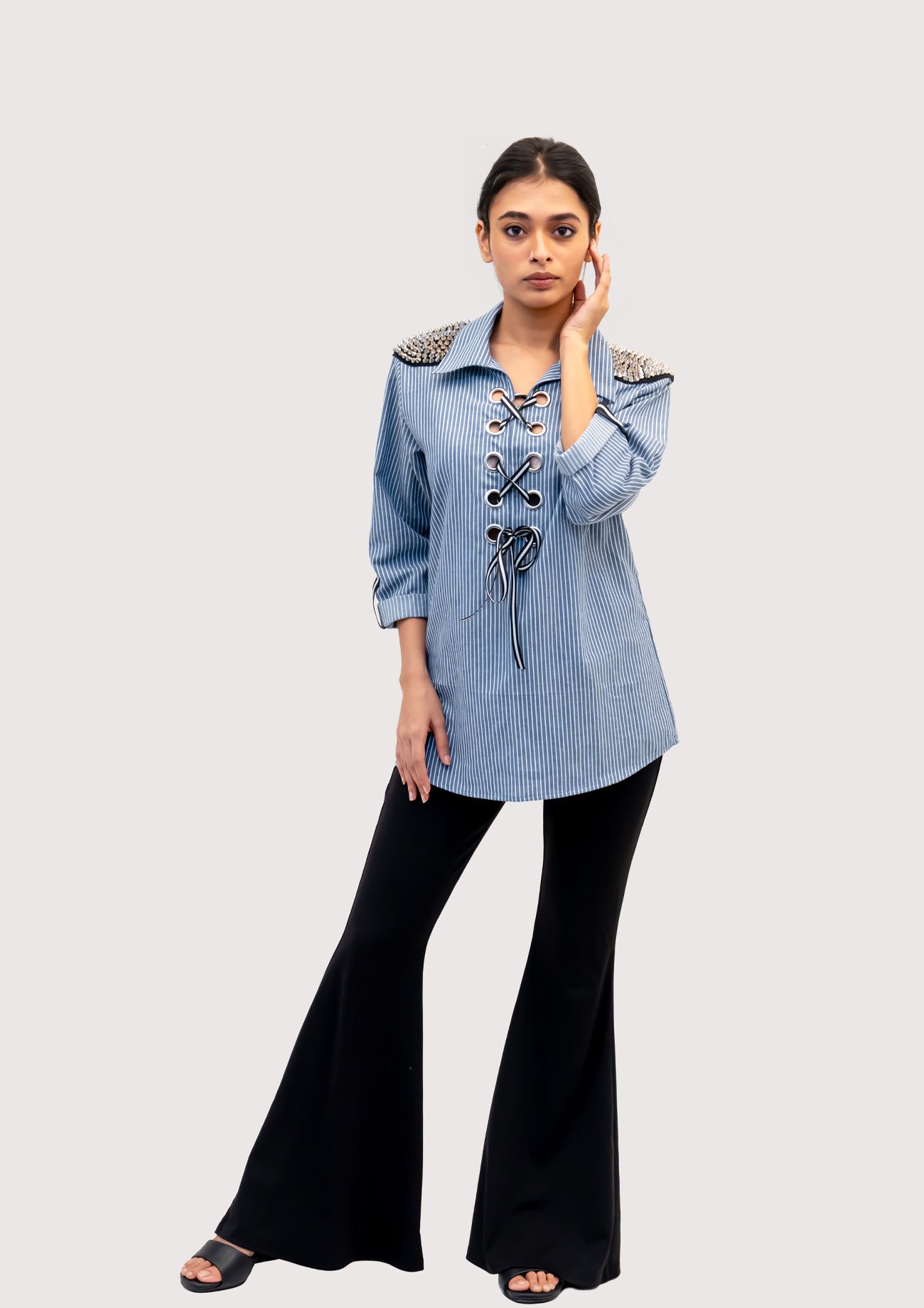 Blue and White Stripe Cotton Shirt with Embroidery