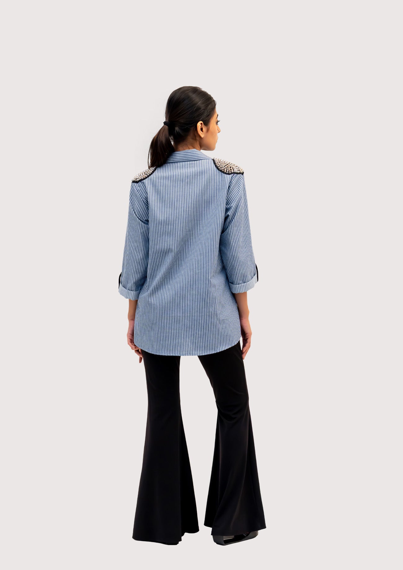 Blue and White Stripe Cotton Shirt with Embroidery