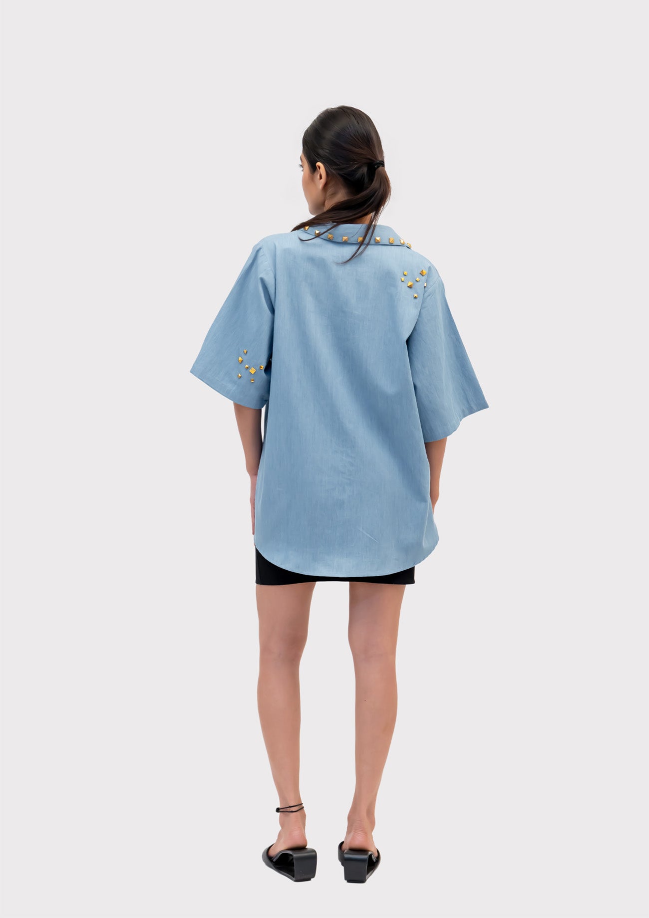 Blue Cotton Denim Shirt with Foil Print and Studs