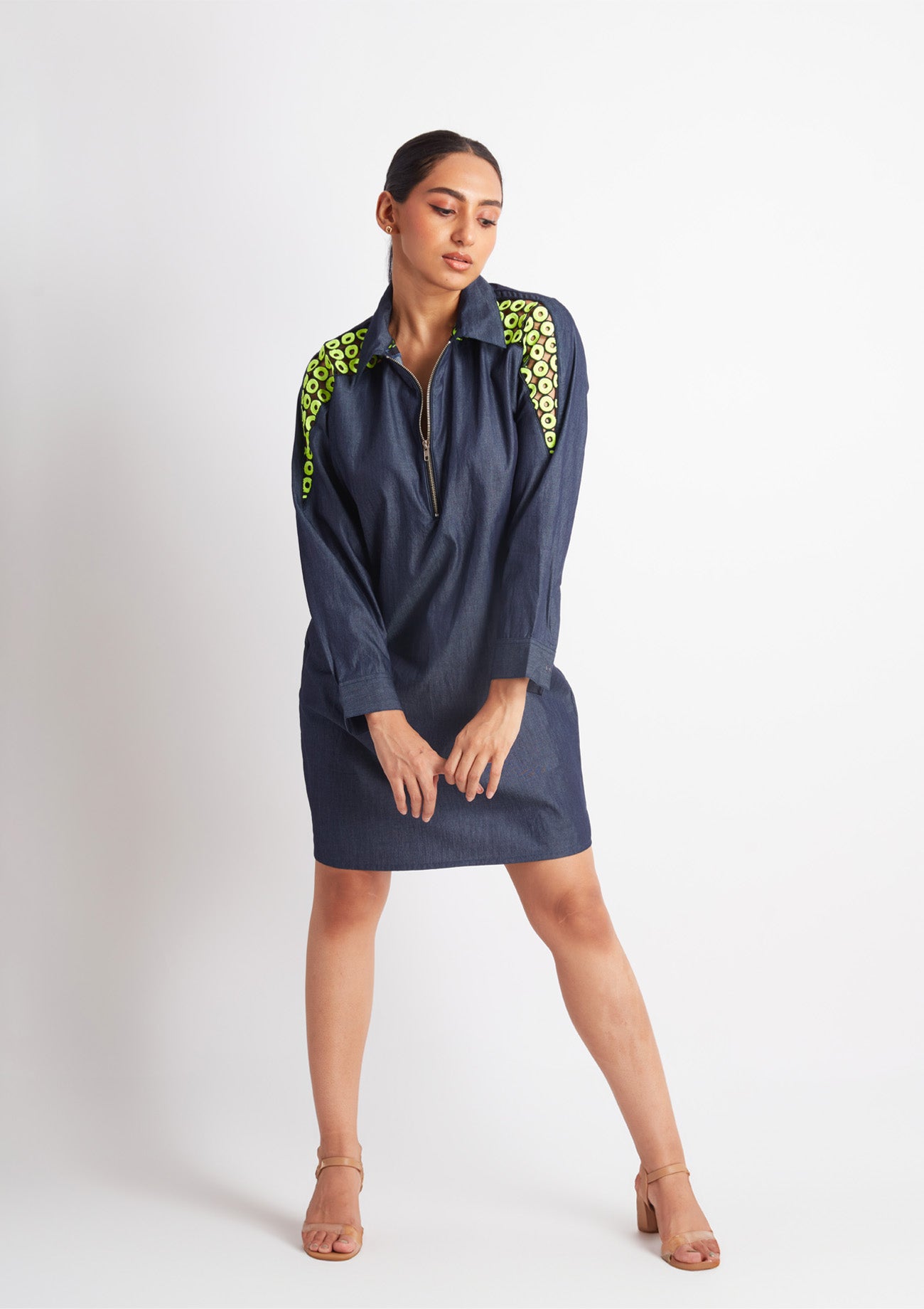 Buy Denim One Piece Dress with Cutwork Embroidery