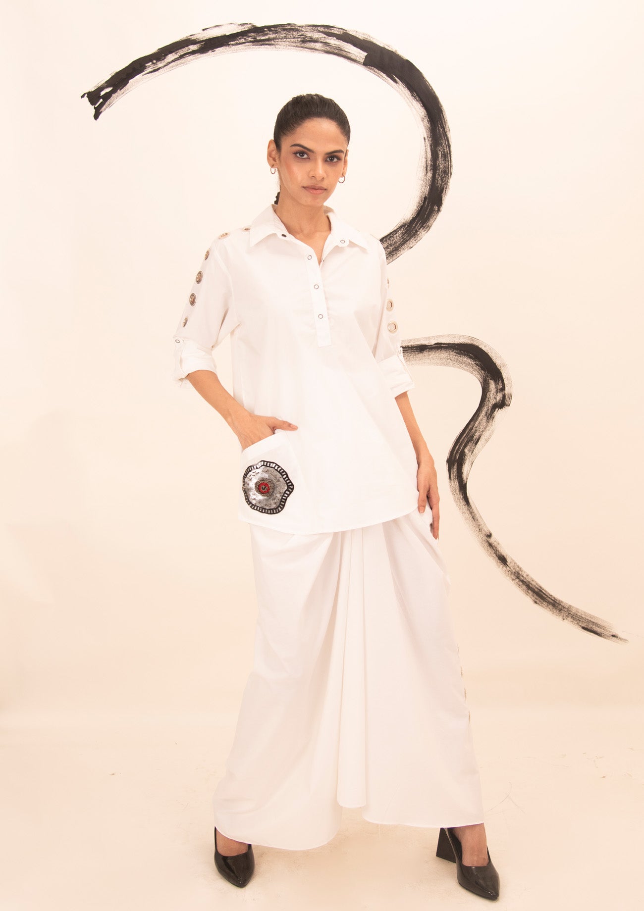 White Cotton Shirt and Drape Skirt Co-ord Set with Embroidery