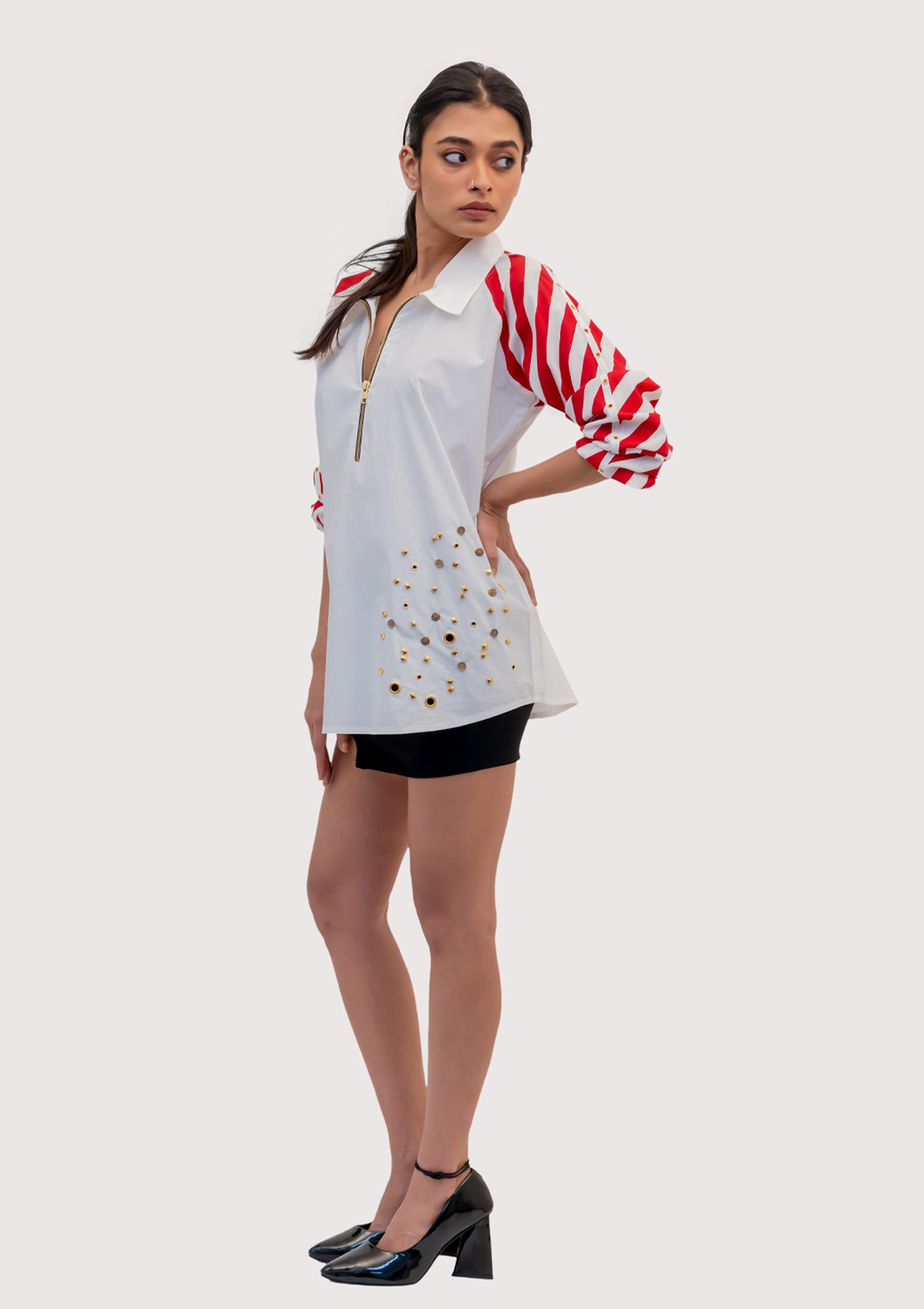 White Cotton Shirt with Contrast Sleeves and Embroidery