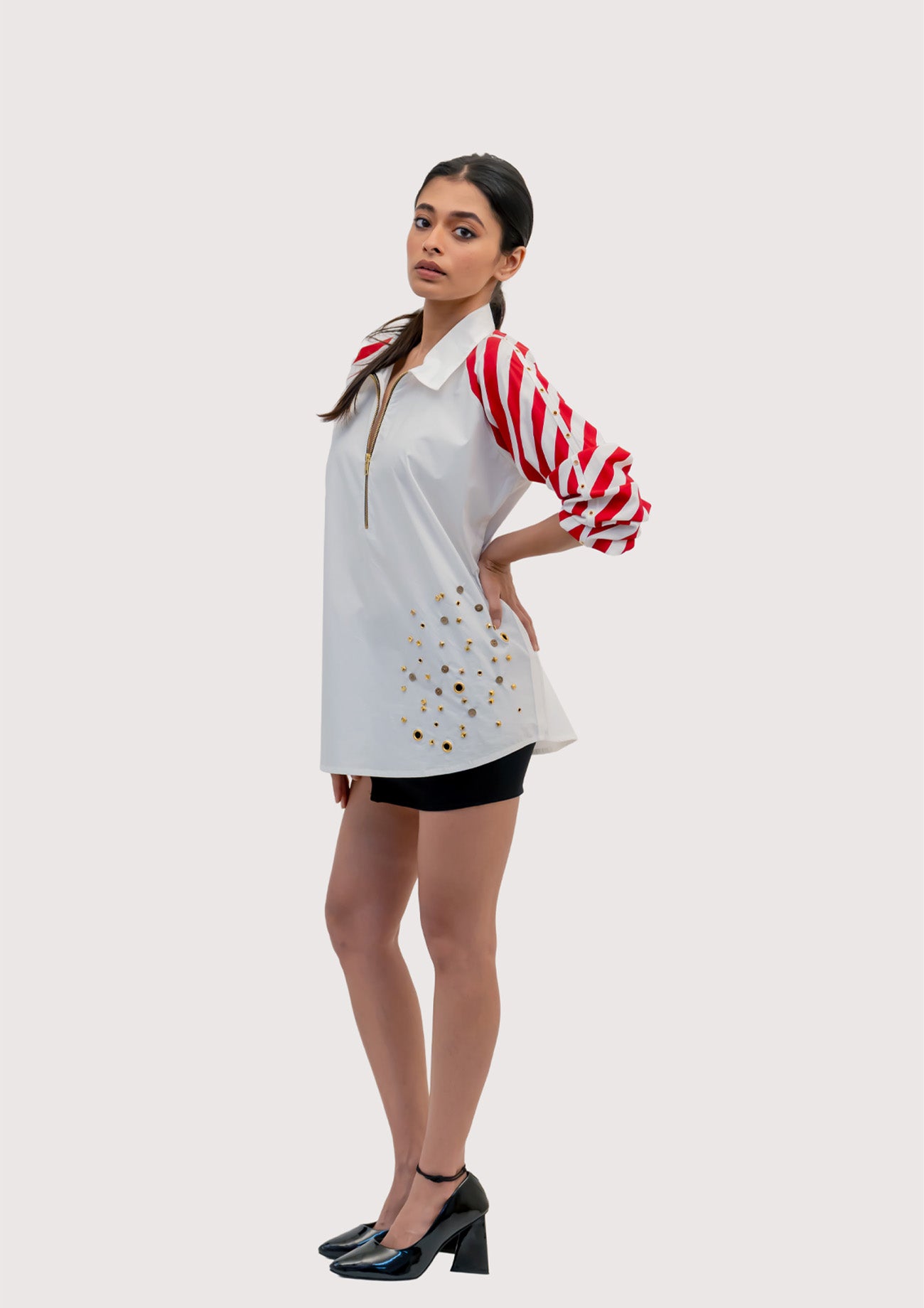 White Cotton Shirt with Contrast Sleeves and Embroidery