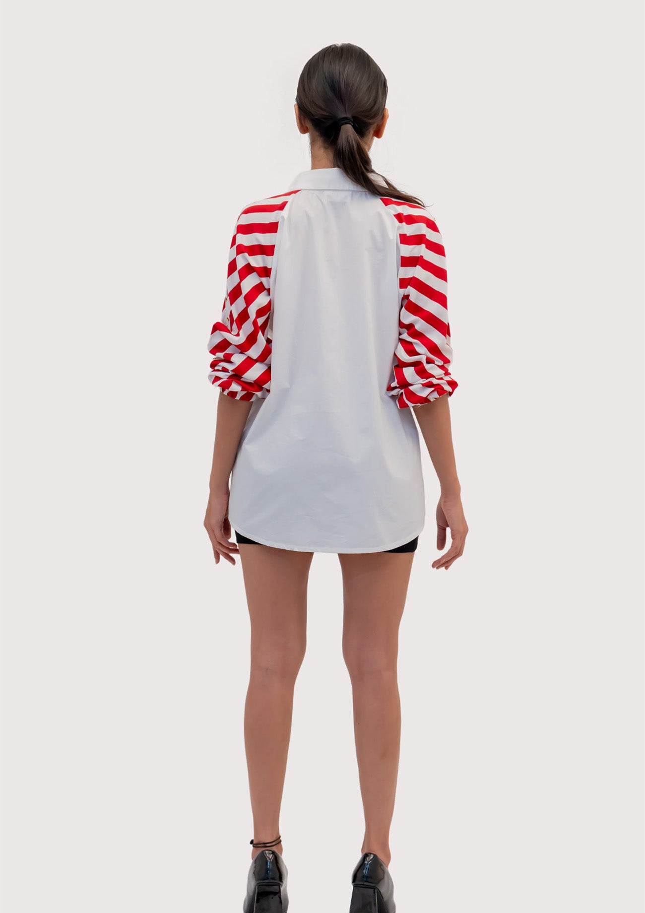 White Cotton Shirt with Contrast Sleeves and Embroidery
