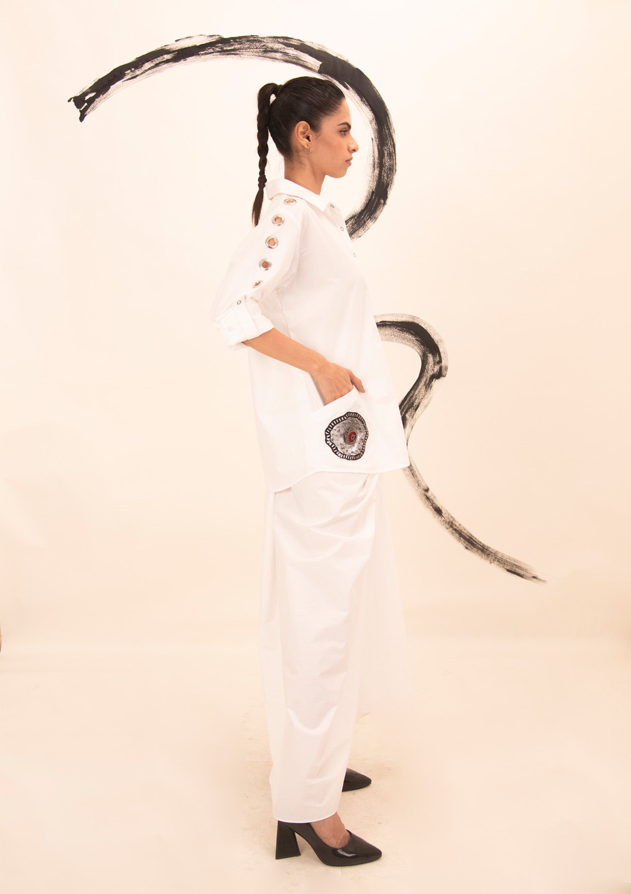 White Cotton Shirt and Drape Skirt Co-ord Set with Embroidery