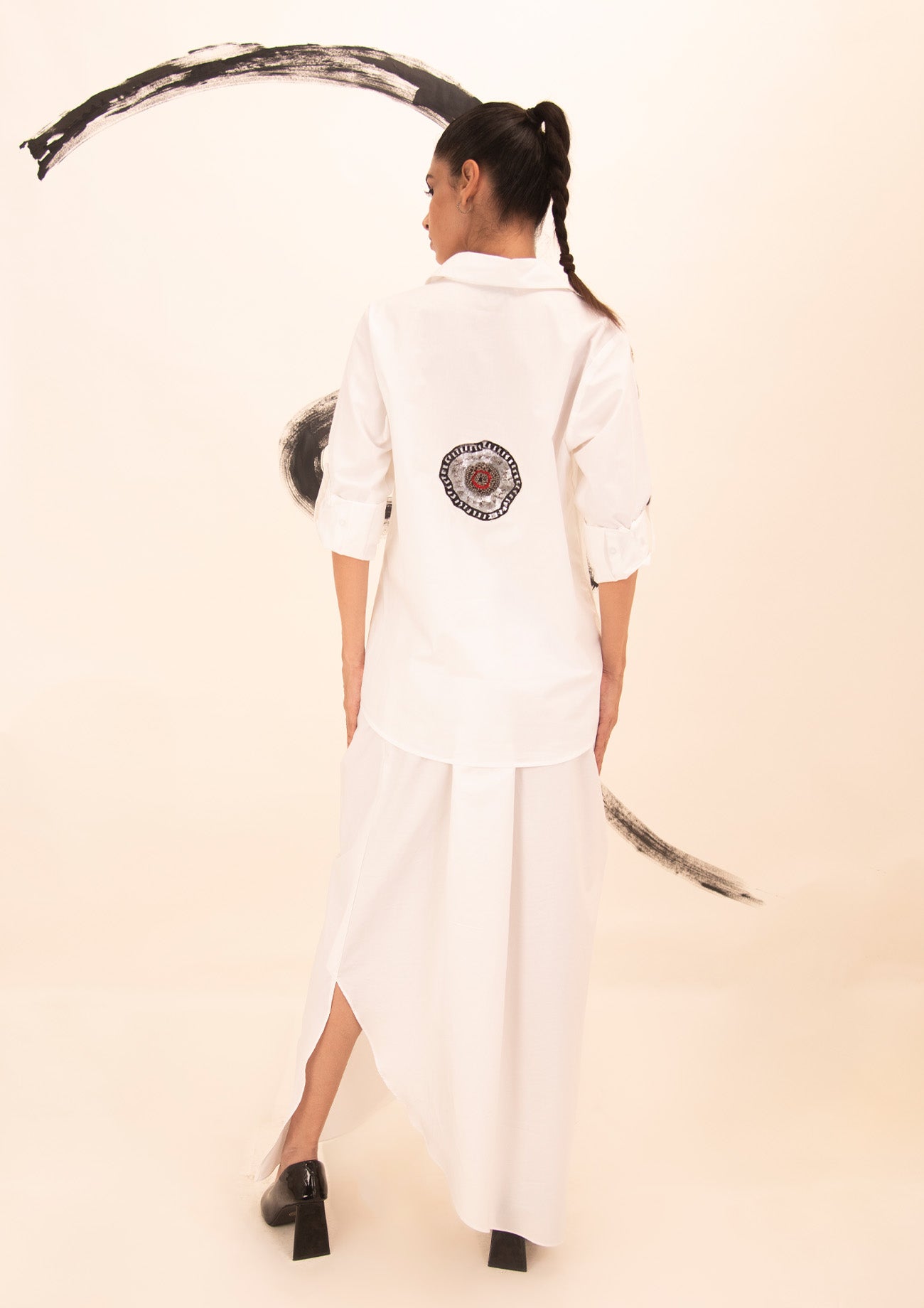 White Cotton Shirt and Drape Skirt Co-ord Set with Embroidery