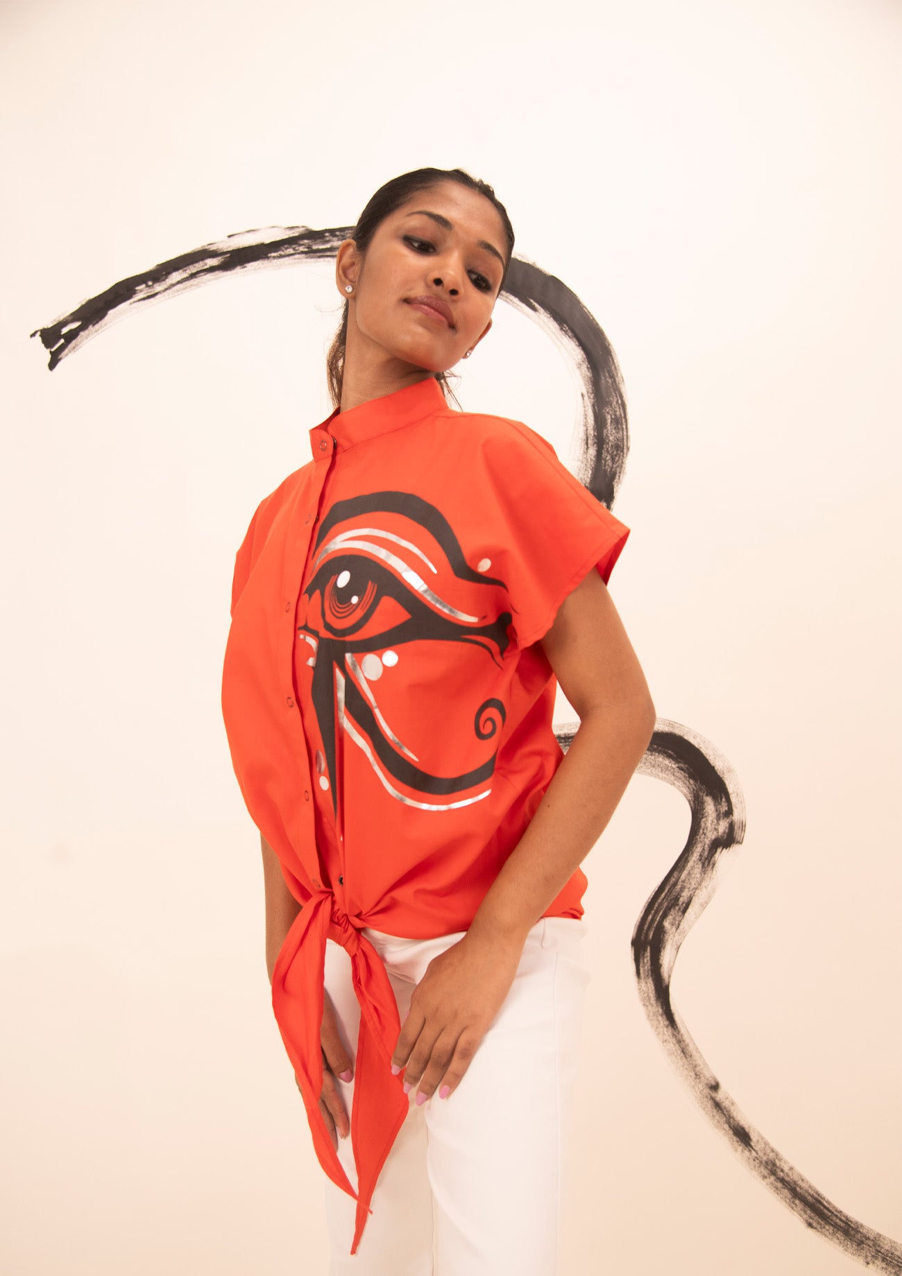 Orange Cotton Tie Up Shirt With Print