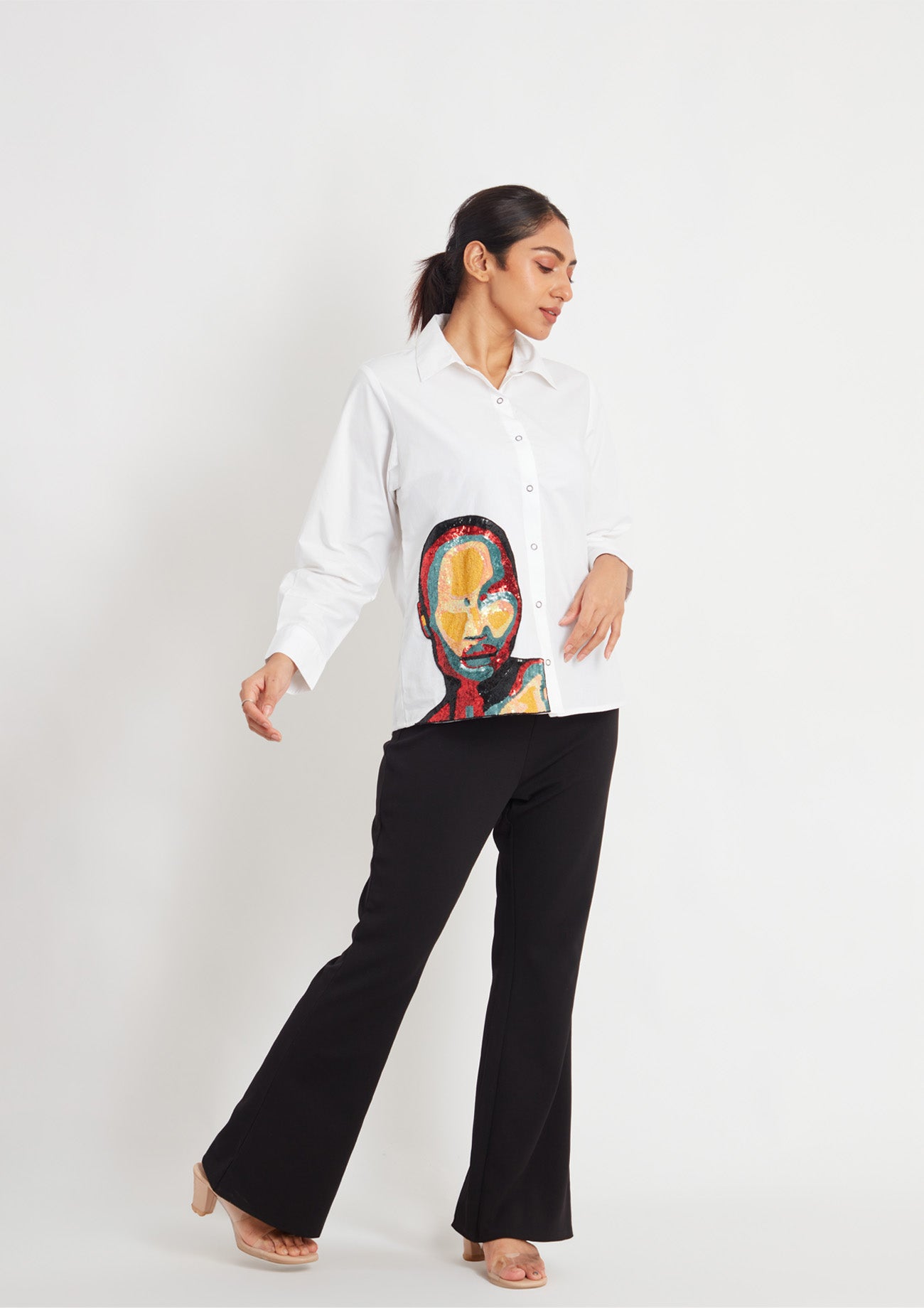 White Comfort Fit Cotton Shirt with Embroidery
