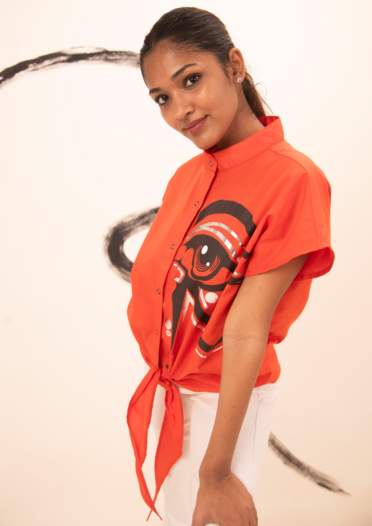 Orange Cotton Tie Up Shirt With Print