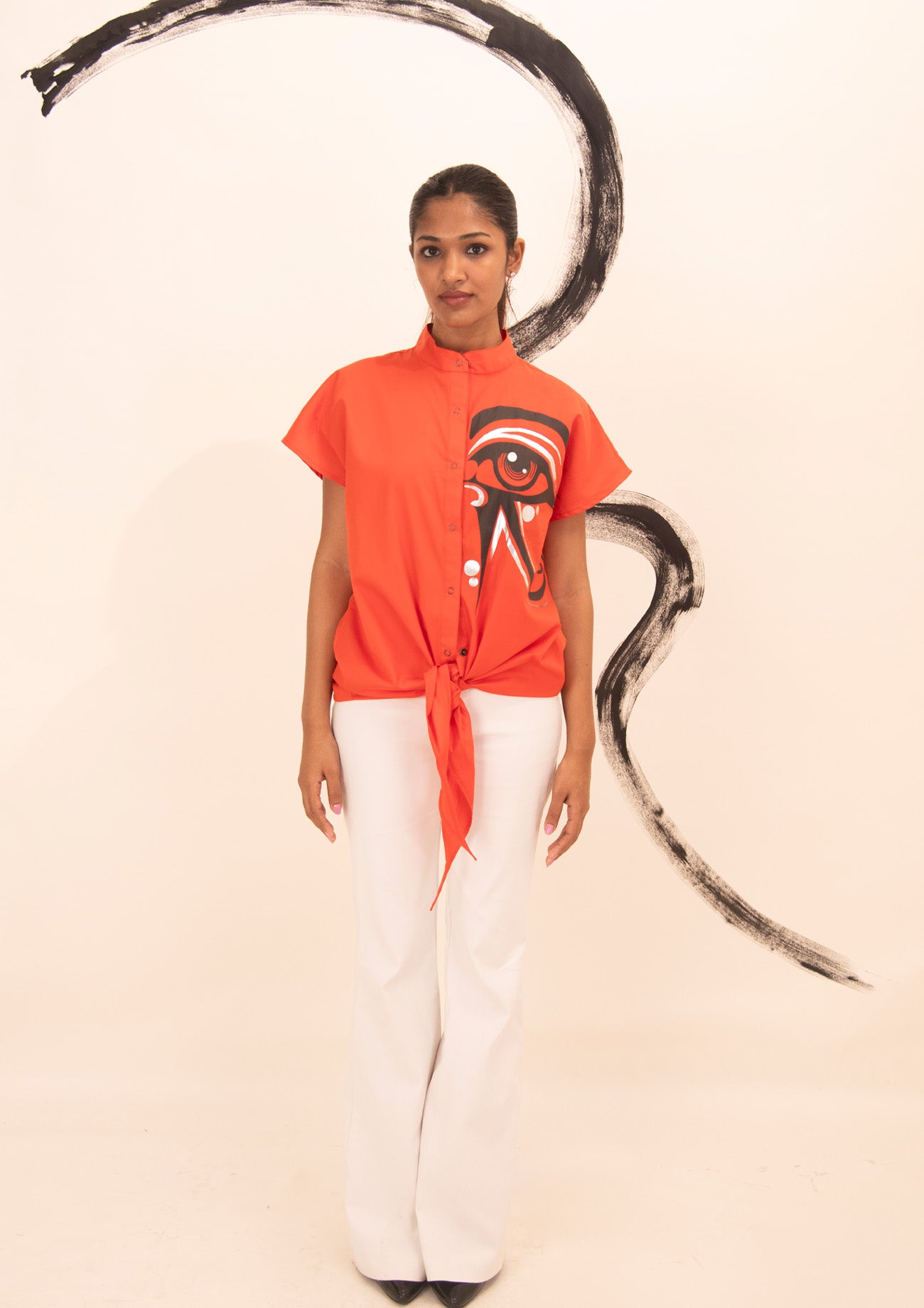 Orange Cotton Tie Up Shirt With Print