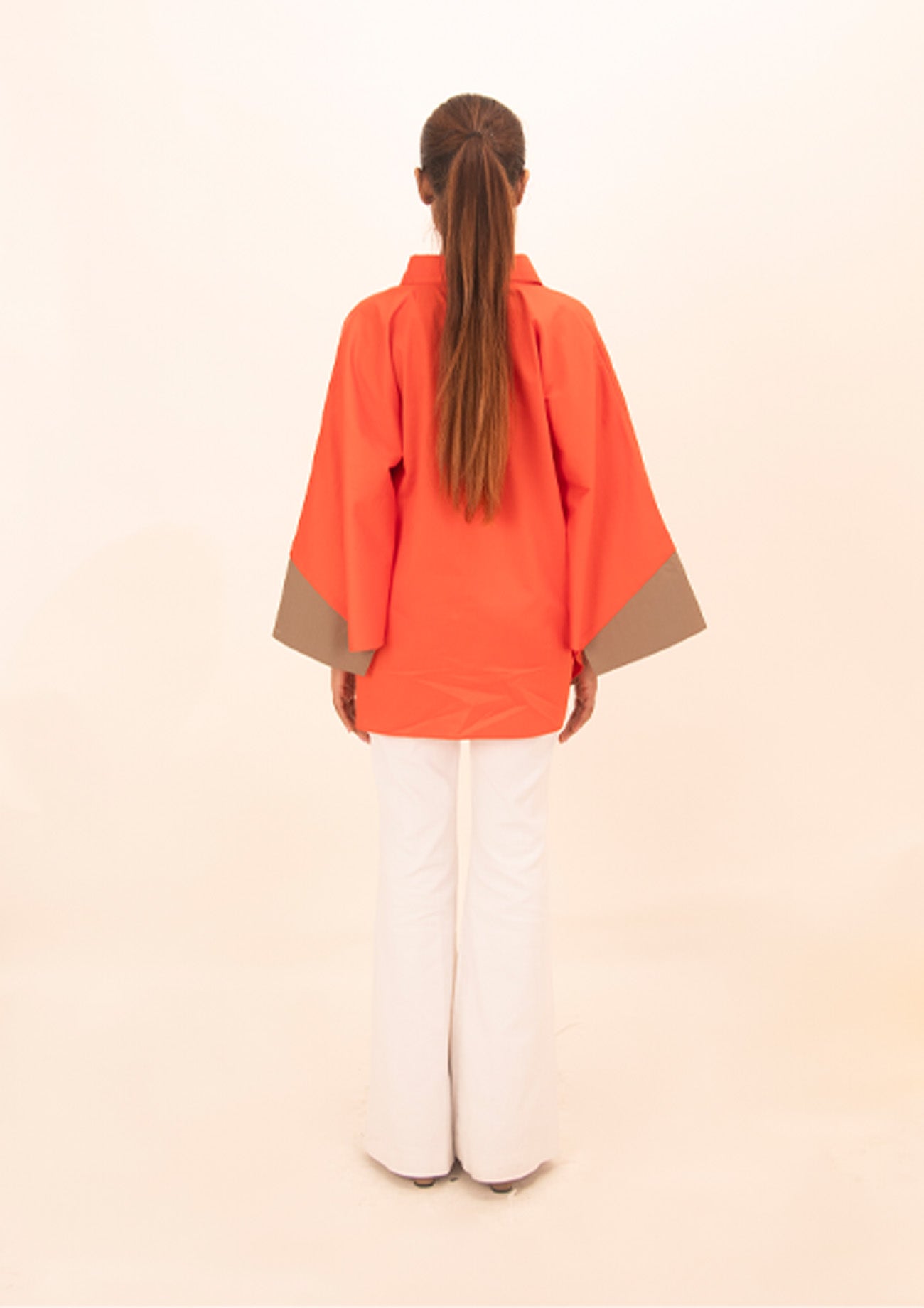 Orange Cotton Poncho Shirt with Embroidery