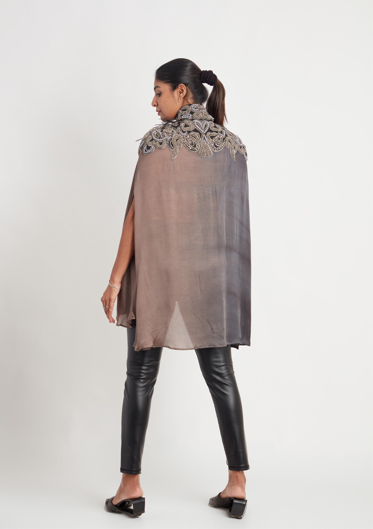 Black/Grey Satin Shaded Cape with Bead and Feather Work