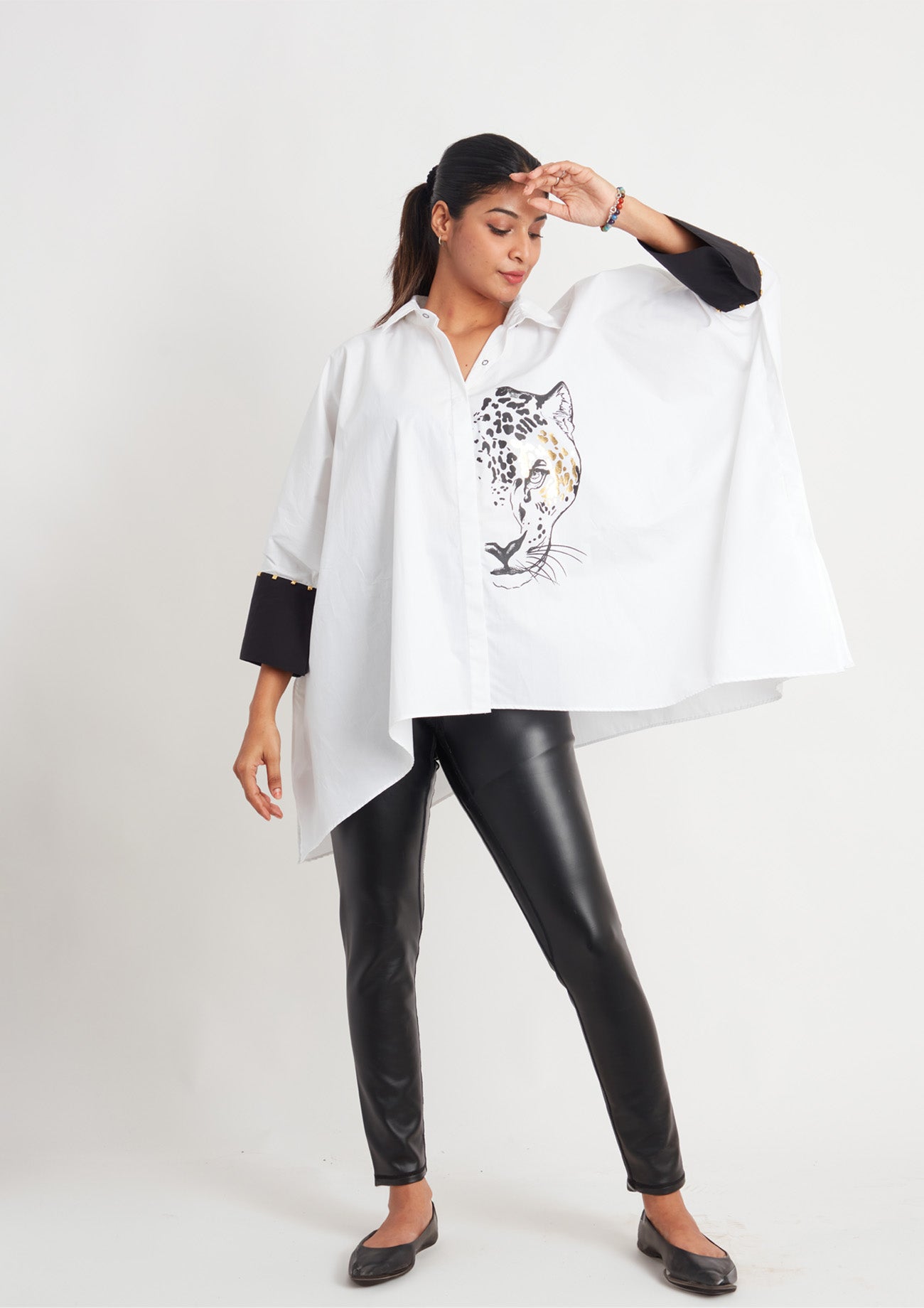 White Loose Fit Cotton Poncho Shirt with Foil Print