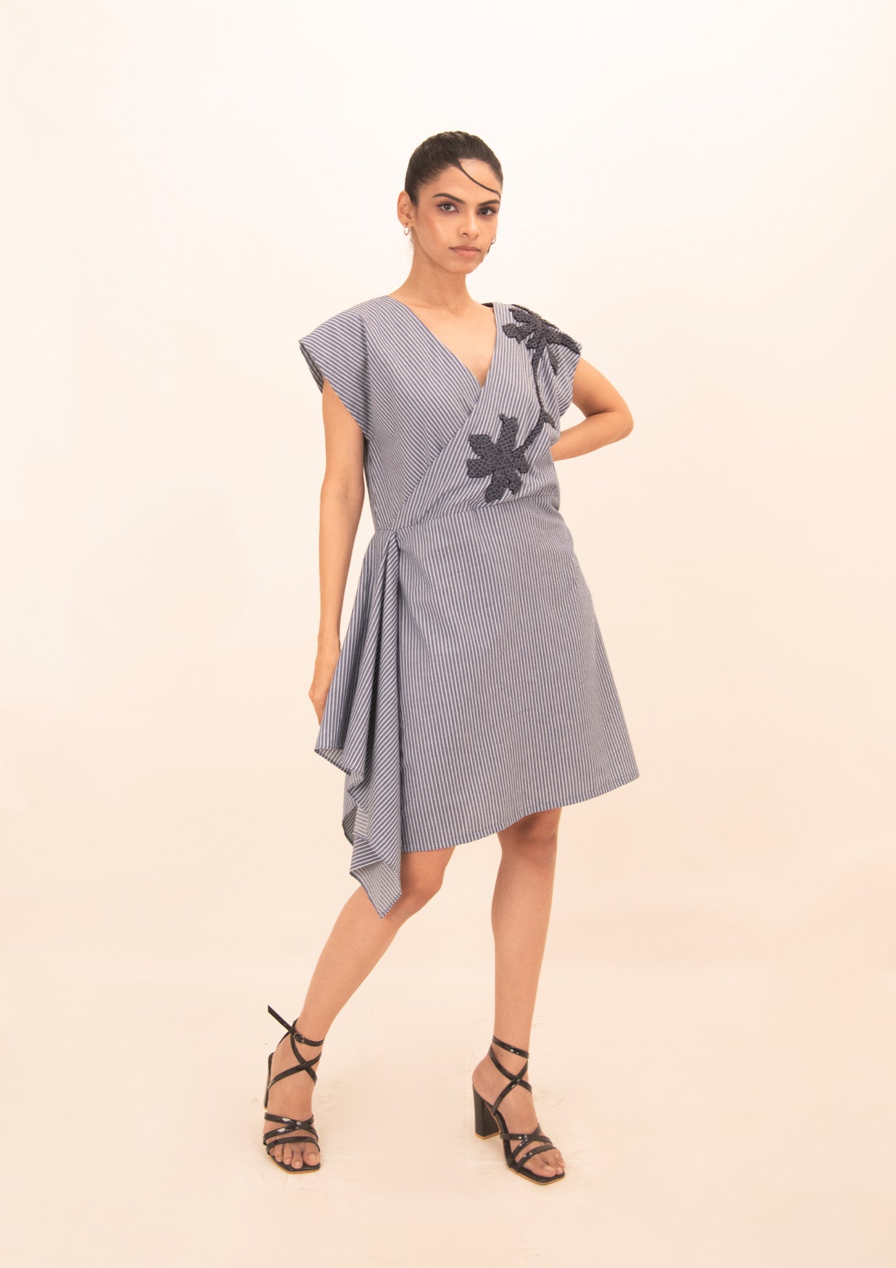 Blue and White Stripe Cotton Dress with Embroidery