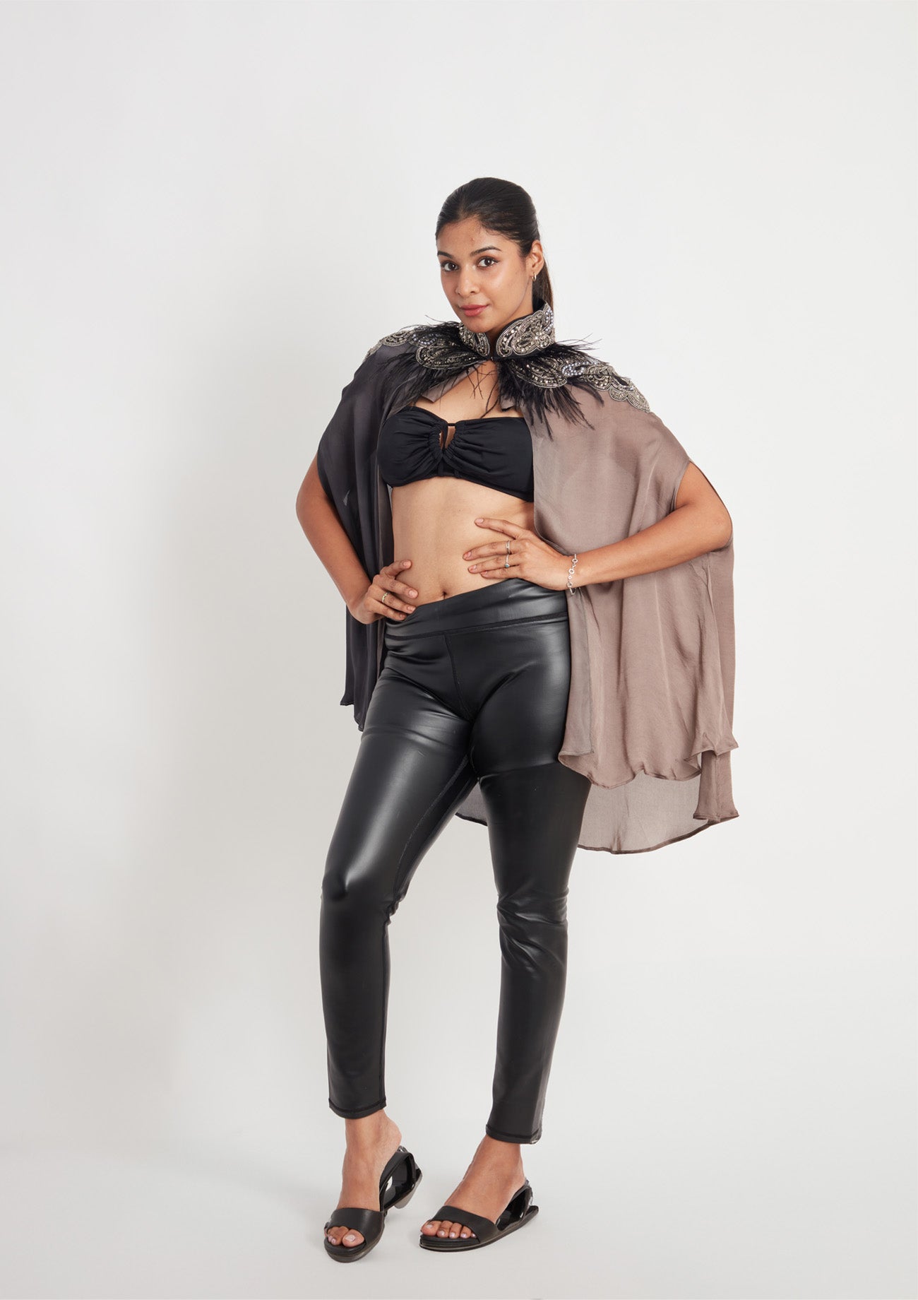 Black/Grey Satin Shaded Cape with Bead and Feather Work