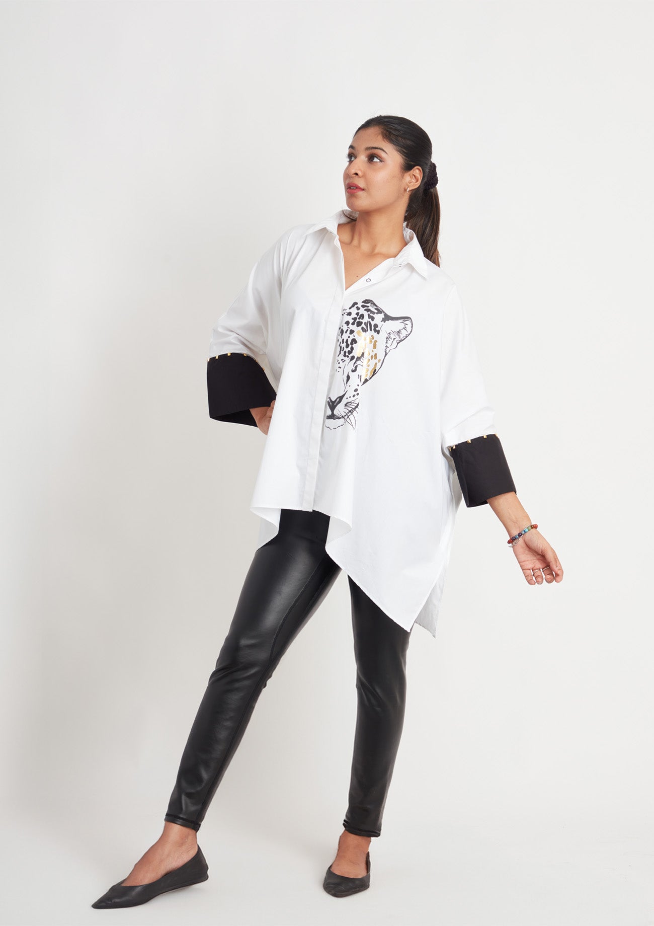 White Loose Fit Cotton Poncho Shirt with Foil Print