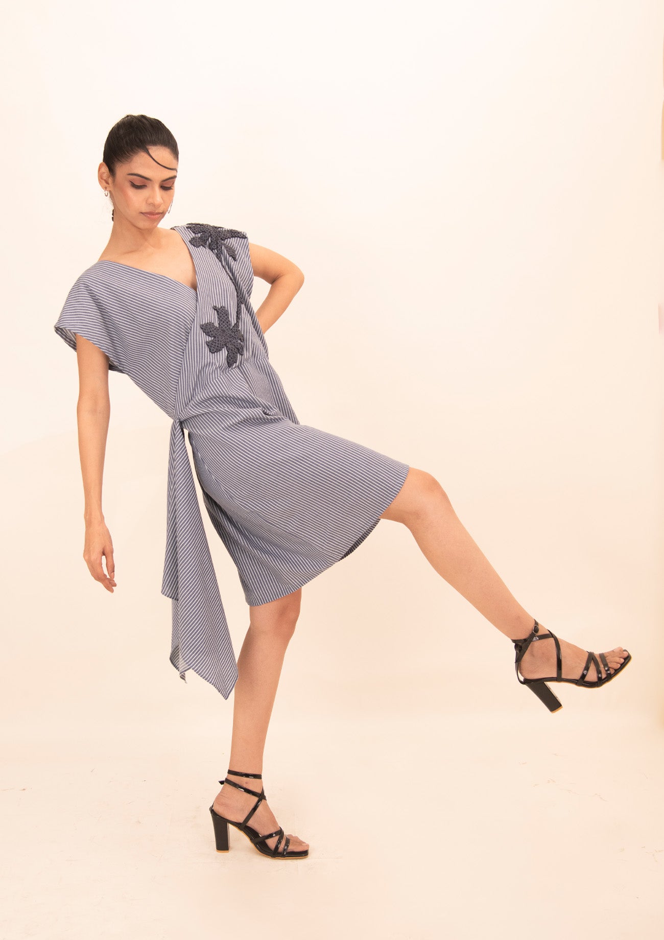 Blue and White Stripe Cotton Dress with Embroidery