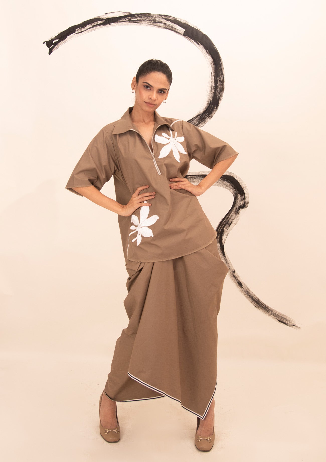 Brown Cotton Shirt and Drape Skirt Co-ord Set with Embroidery