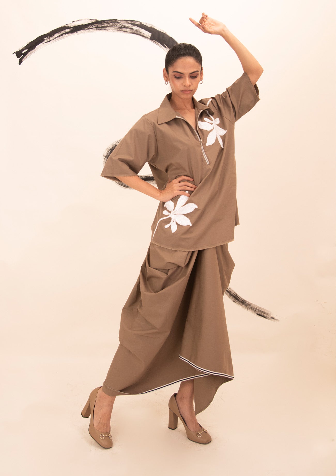 Brown Cotton Shirt and Drape Skirt Co-ord Set with Embroidery
