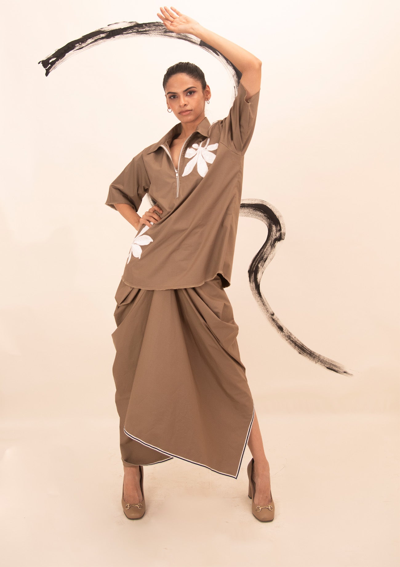 Brown Cotton Shirt and Drape Skirt Co-ord Set with Embroidery