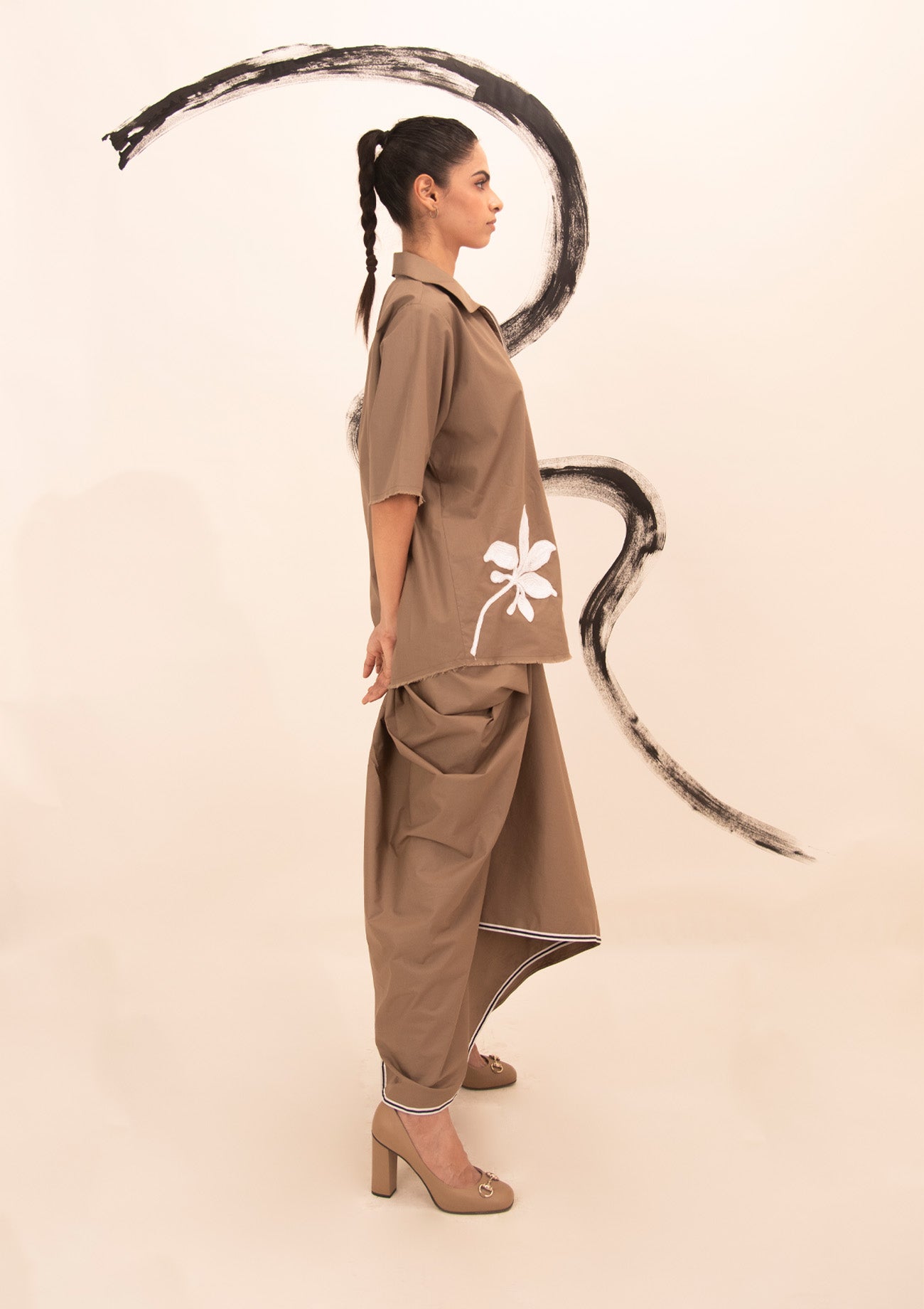 Brown Cotton Shirt and Drape Skirt Co-ord Set with Embroidery