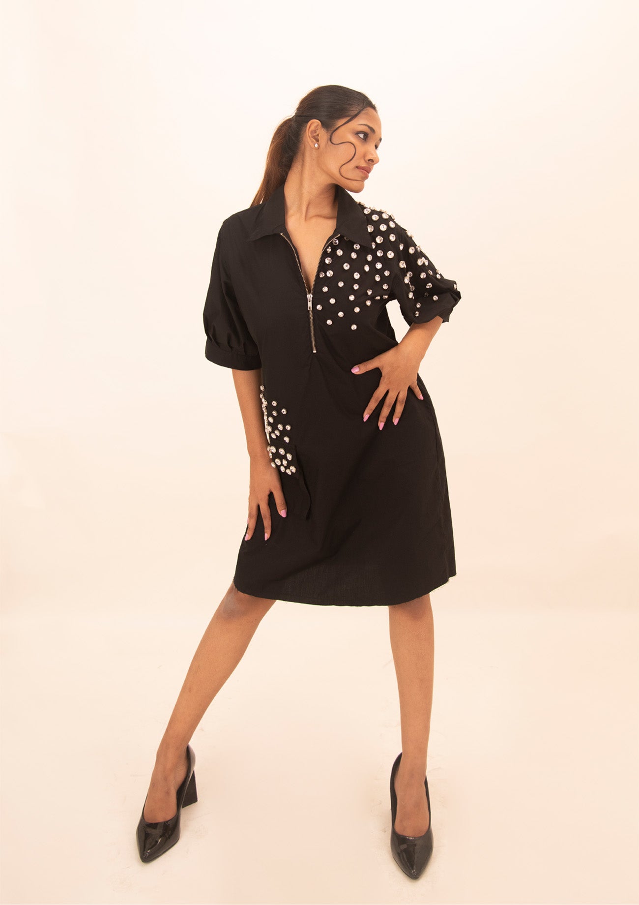 Black Cotton Dress with Crystal Embroidery