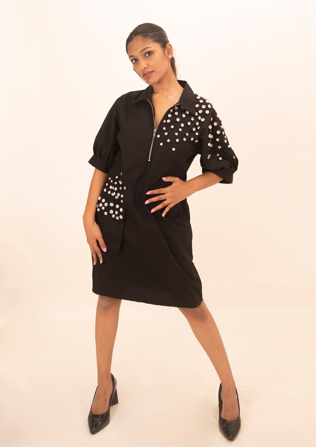 Black Cotton Dress with Crystal Embroidery
