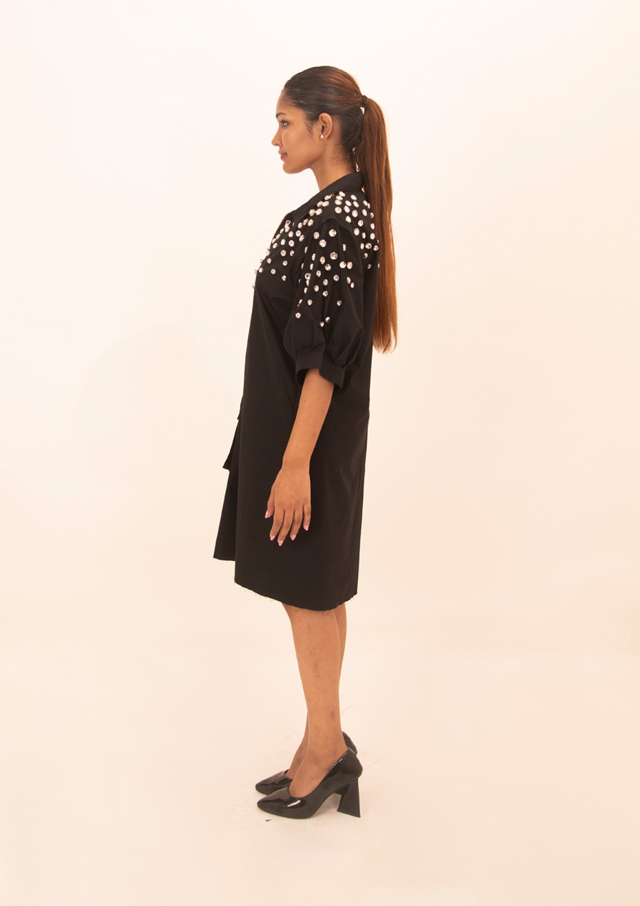 Black Cotton Dress with Crystal Embroidery