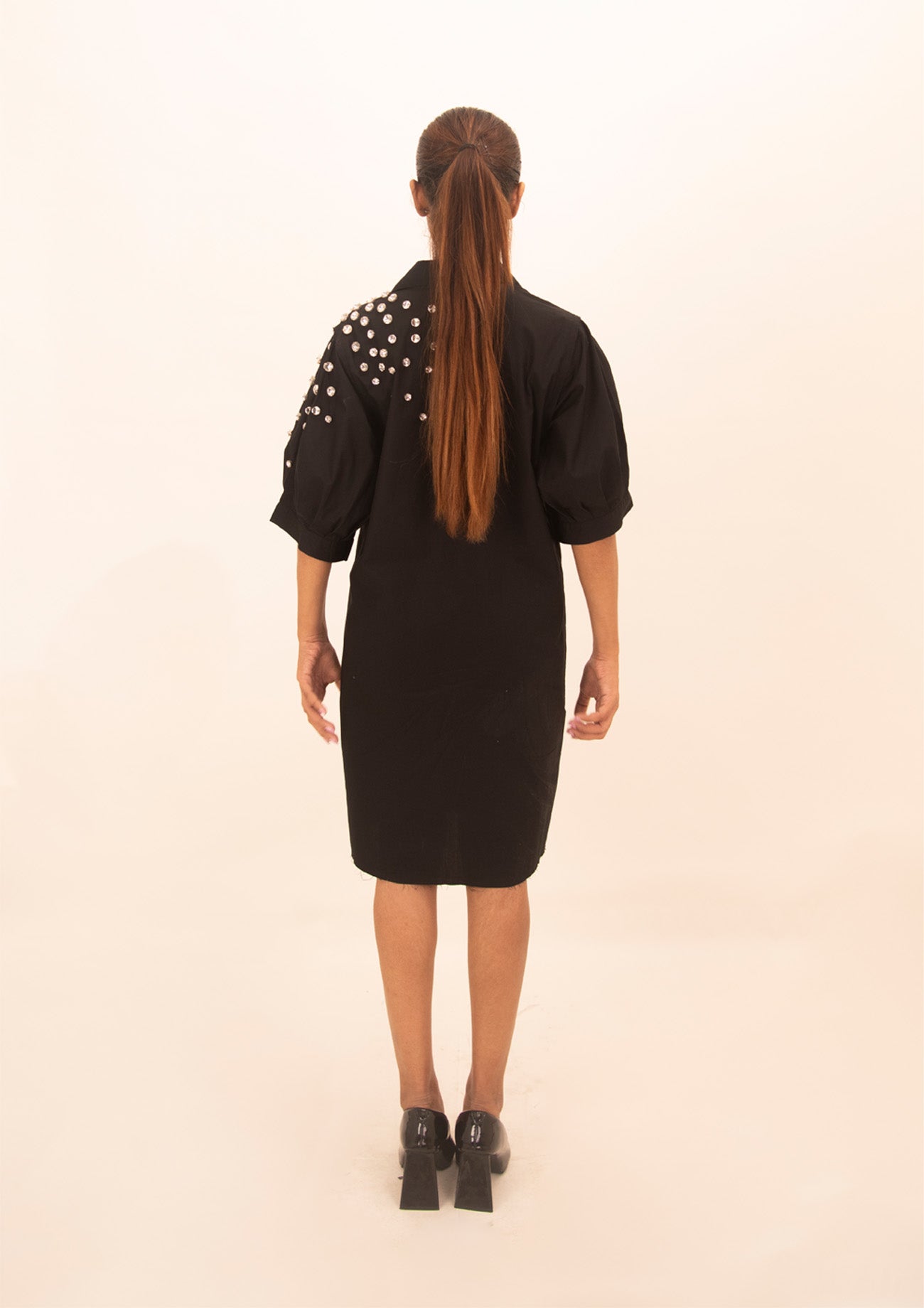 Black Cotton Dress with Crystal Embroidery