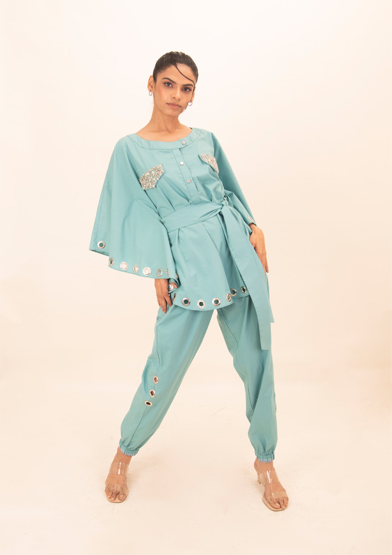 Blue Cotton Poncho Shirt with Embroidery