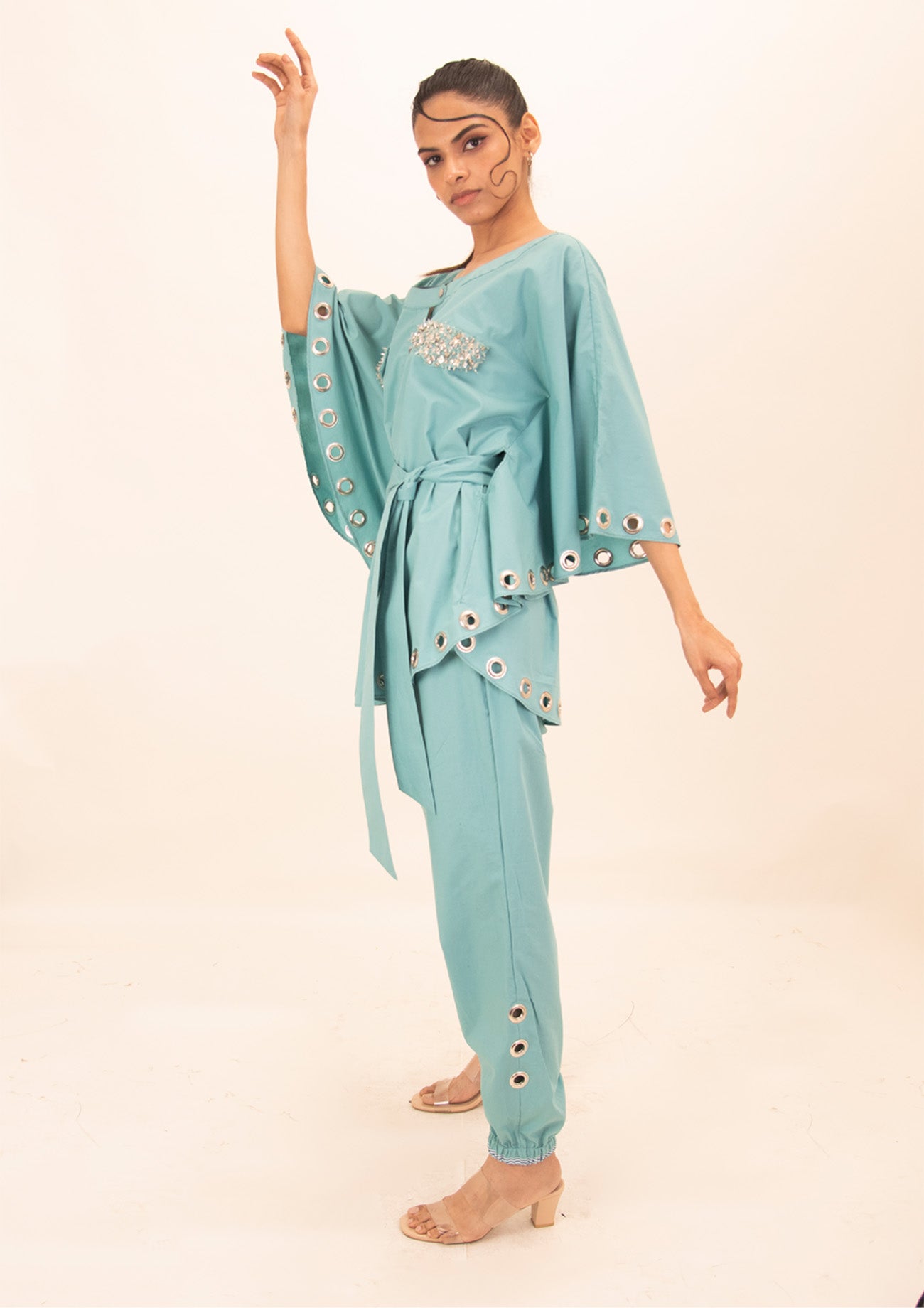 Blue Cotton Poncho Shirt with Embroidery