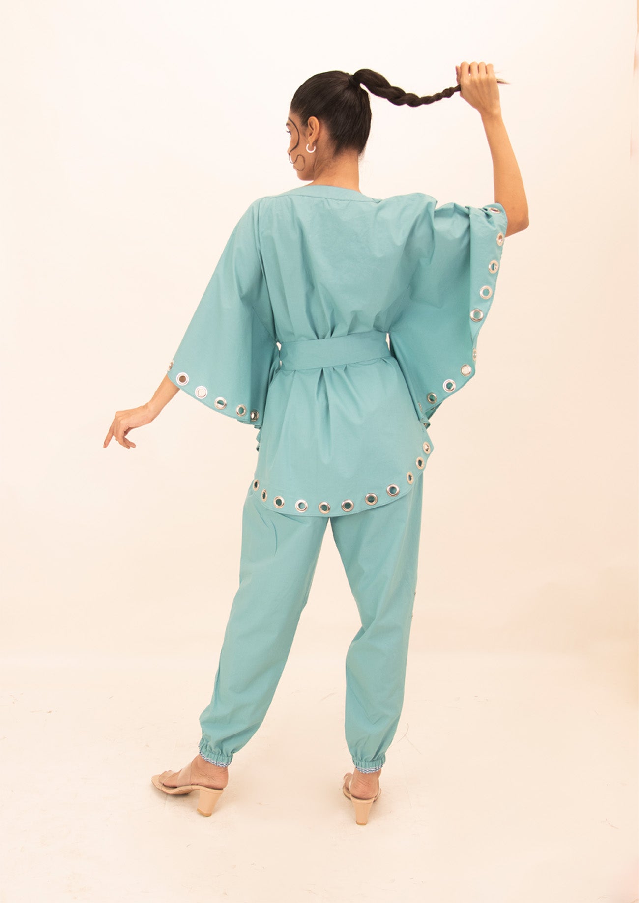 Blue Cotton Poncho Shirt with Embroidery