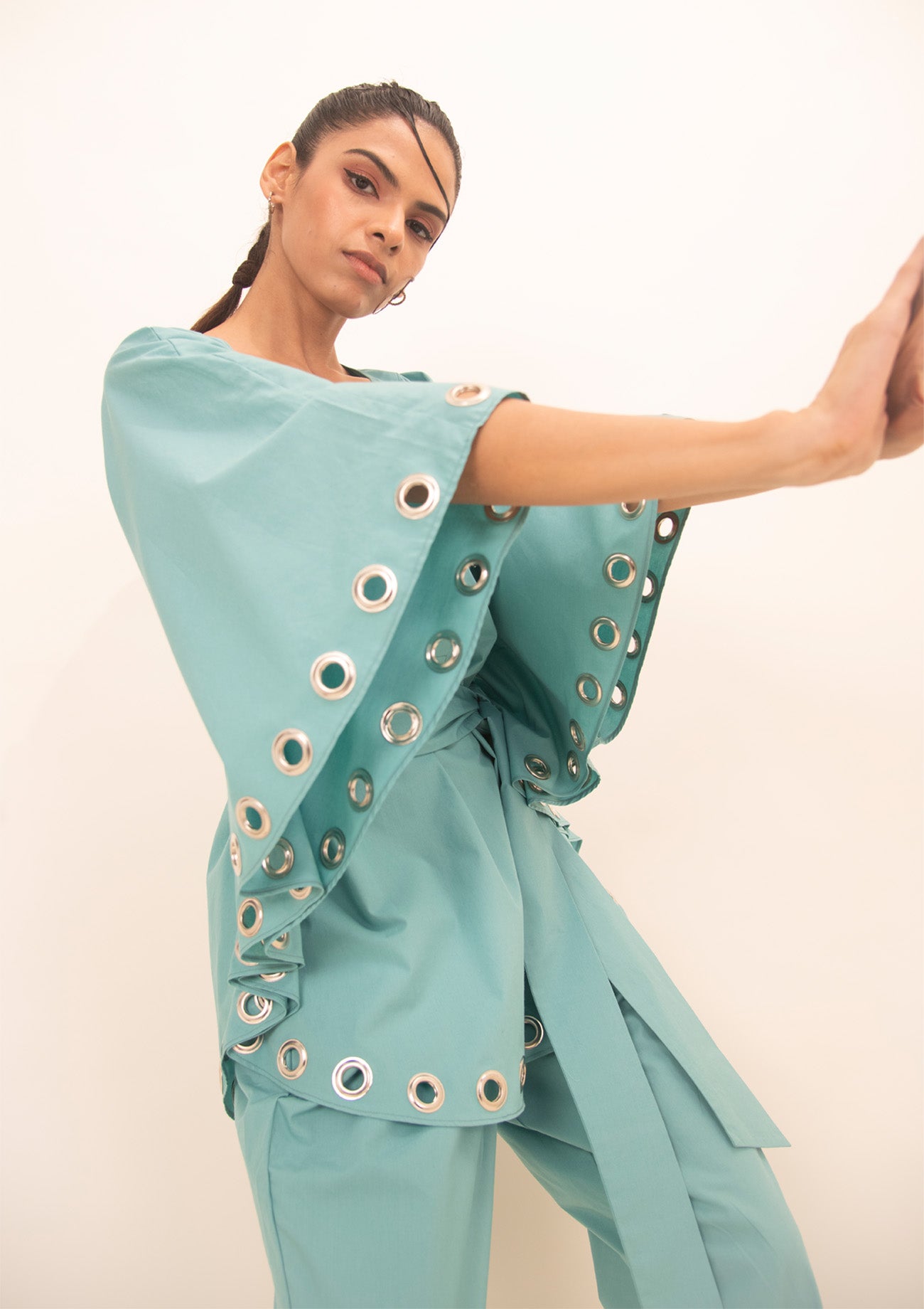 Blue Cotton Poncho Shirt with Embroidery