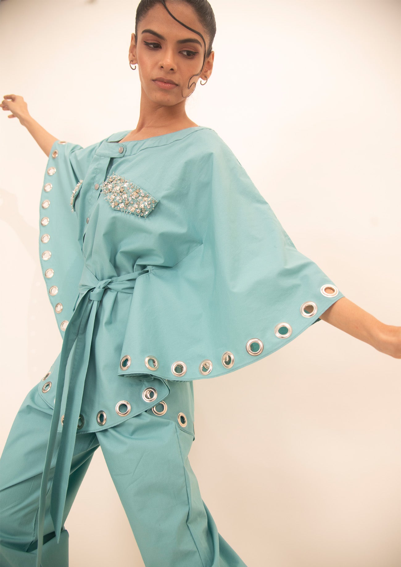 Blue Cotton Poncho Shirt with Embroidery