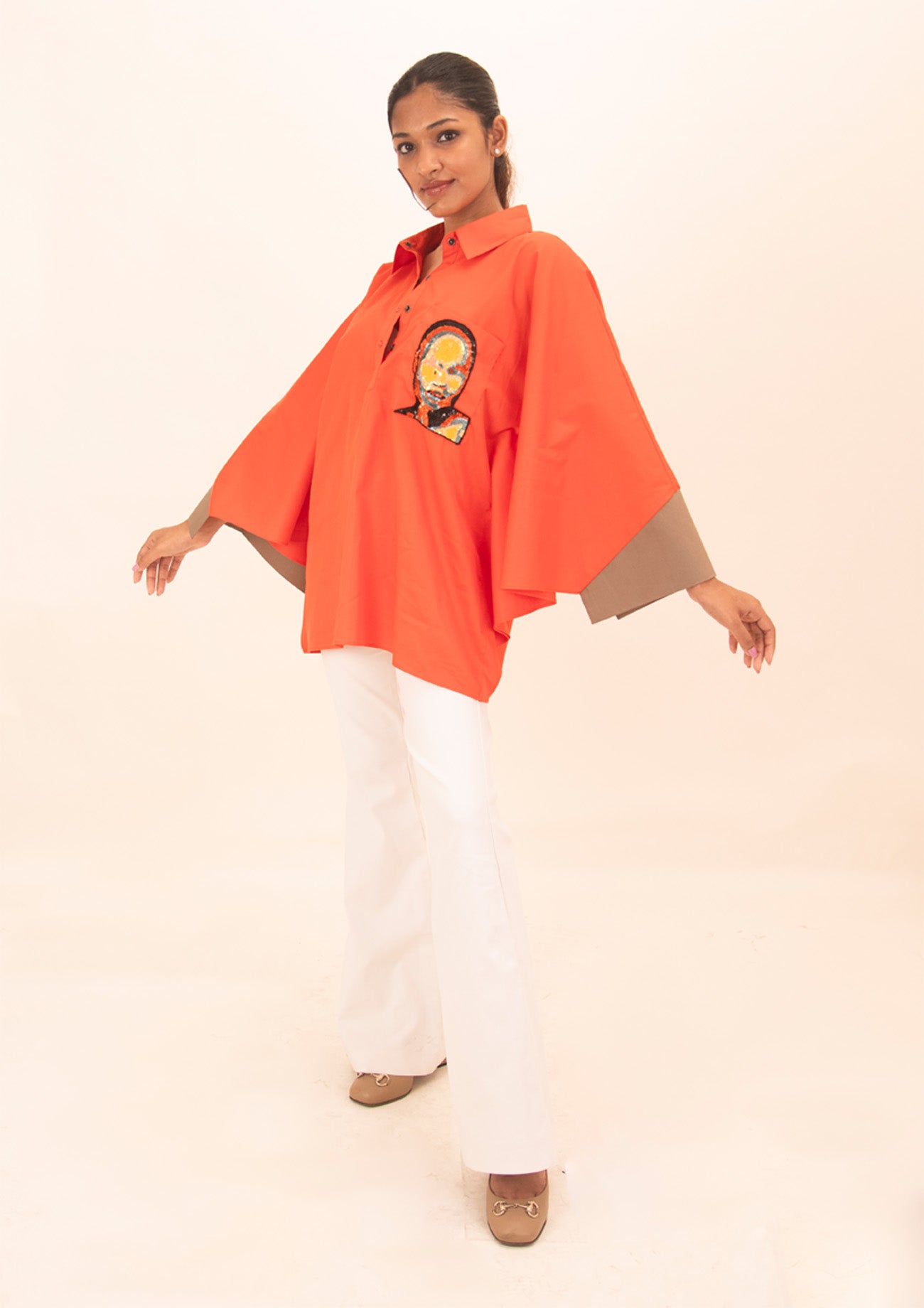 Orange Cotton Poncho Shirt with Embroidery