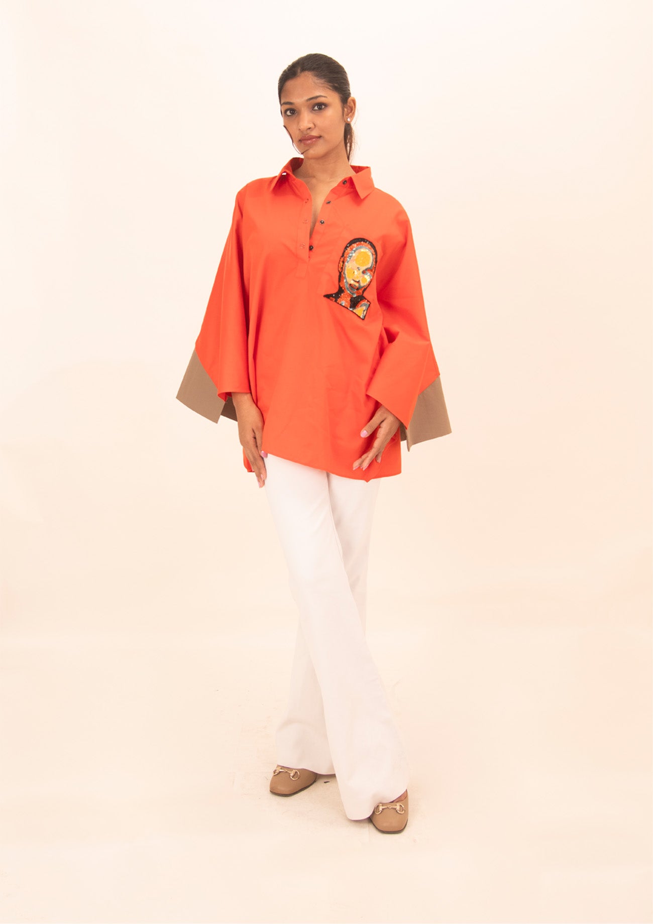Orange Cotton Poncho Shirt with Embroidery